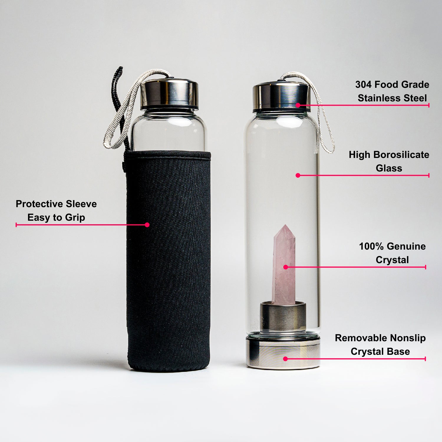 Genuine Rose Quartz Energy Crystal Water Bottle