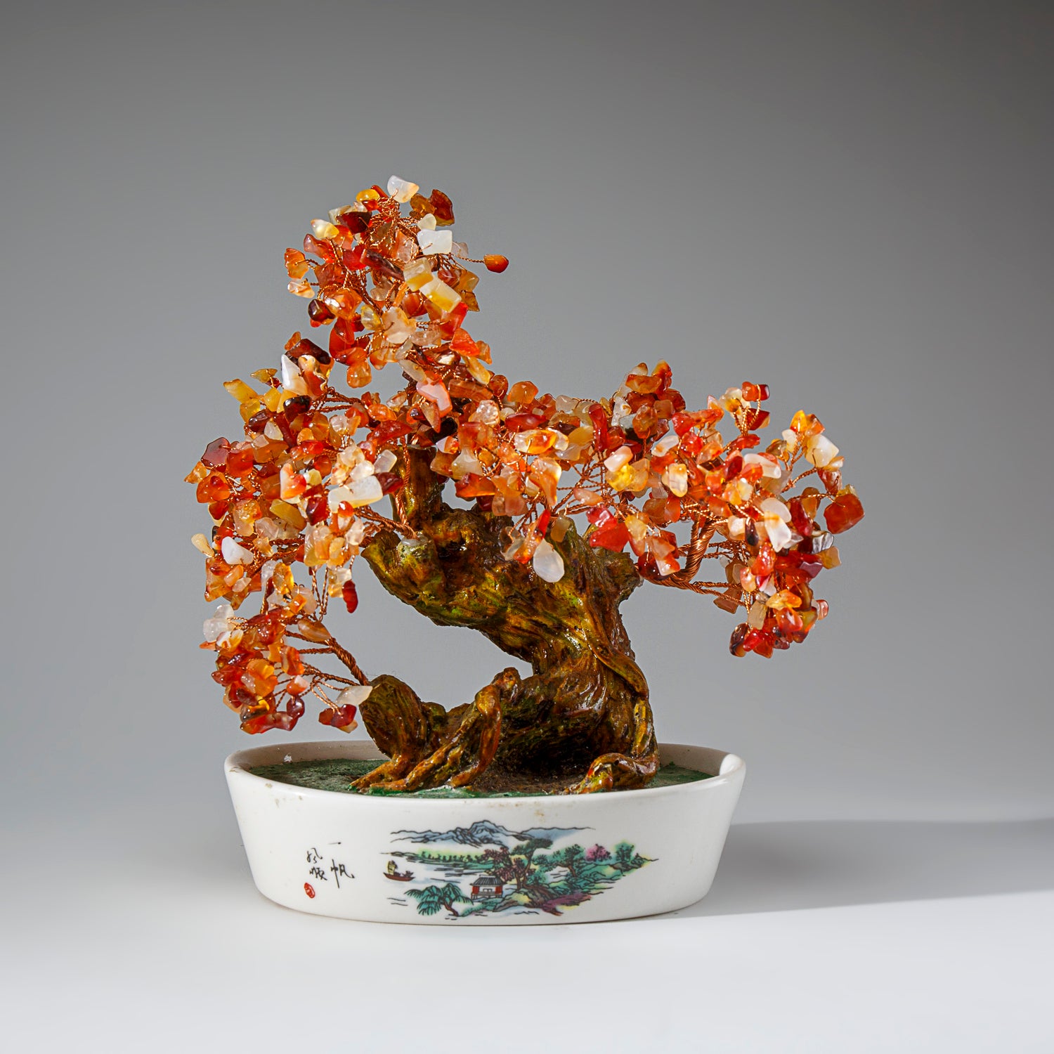Genuine Carnelian Gemstone Bonsai Tree in Oval Ceramic Pot (9” Tall)