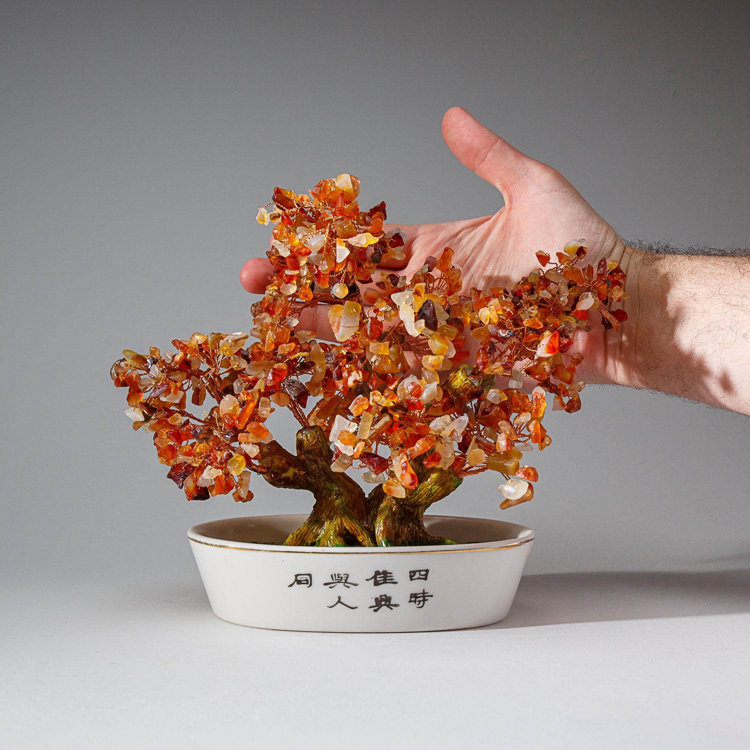 Genuine Carnelian Gemstone Bonsai Tree in Oval Ceramic Pot (8” Tall)