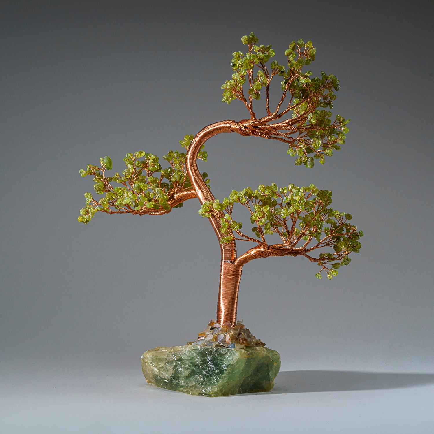 Genuine Peridot Gemstone Bonsai Tree on Fluorite Base (12” Tall)