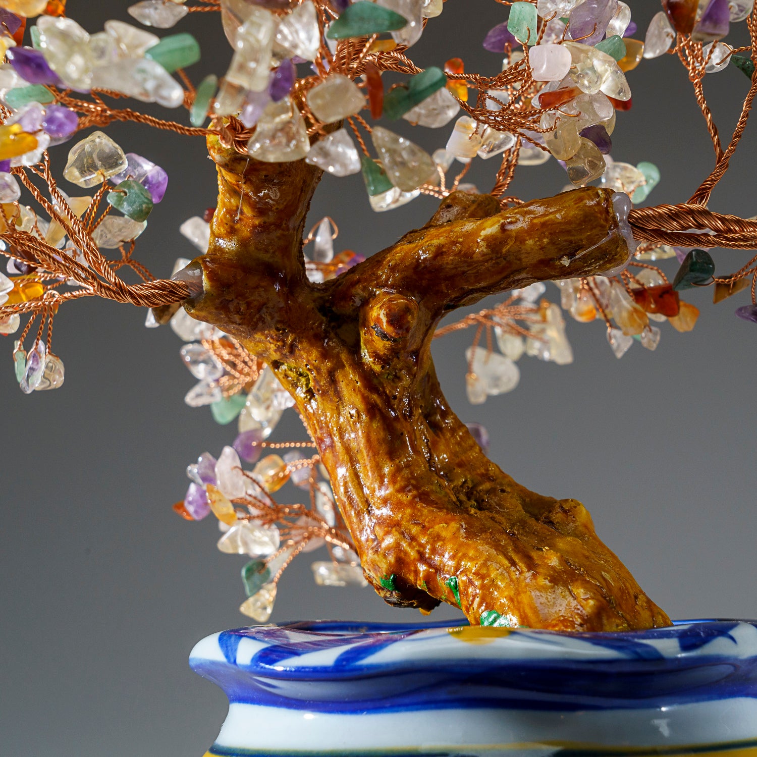 Genuine Multi Gemstone Bonsai Tree in Round Ceramic Pot (8.5” Tall)