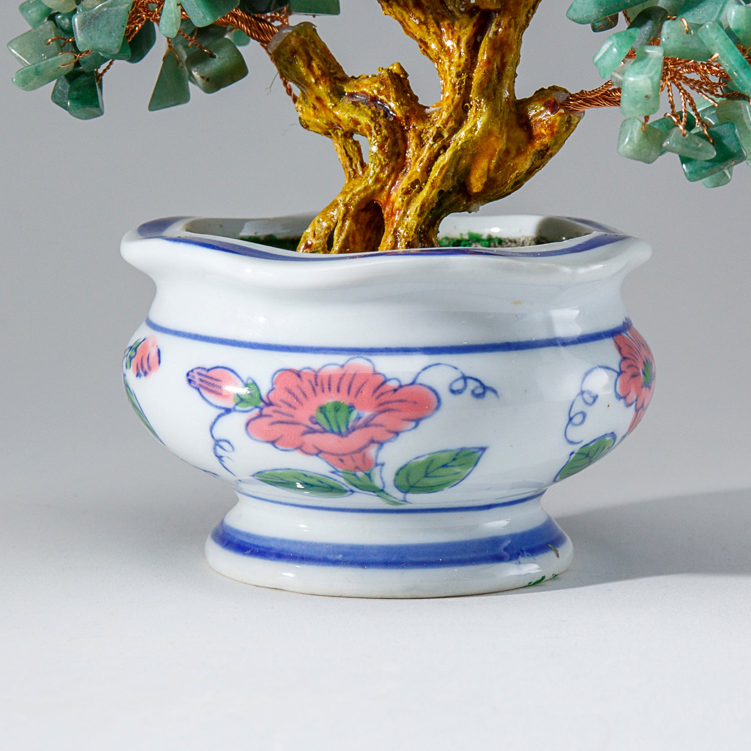 Genuine Green Aventurine Gemstone Bonsai Tree in Round Ceramic Pot (7” Tall)