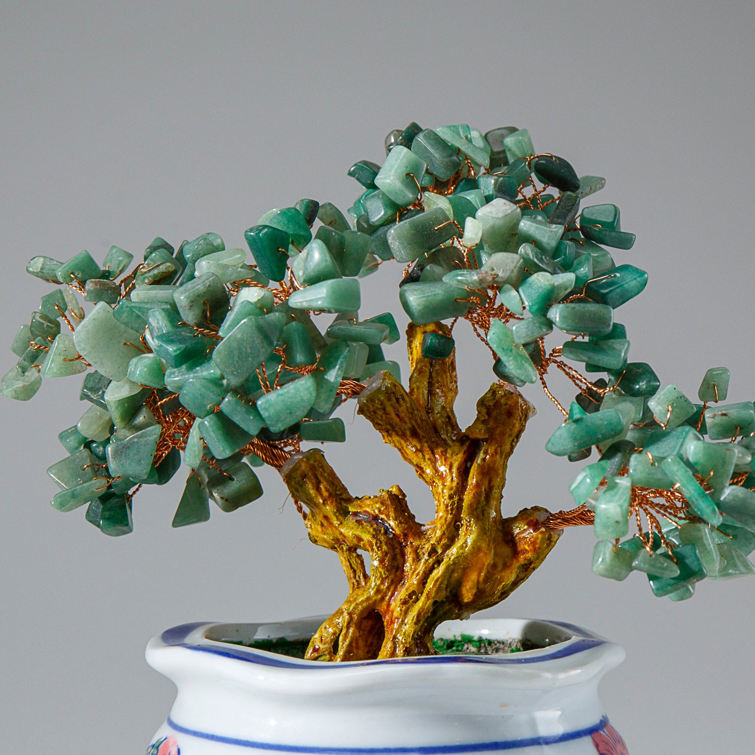 Genuine Green Aventurine Gemstone Bonsai Tree in Round Ceramic Pot (7” Tall)