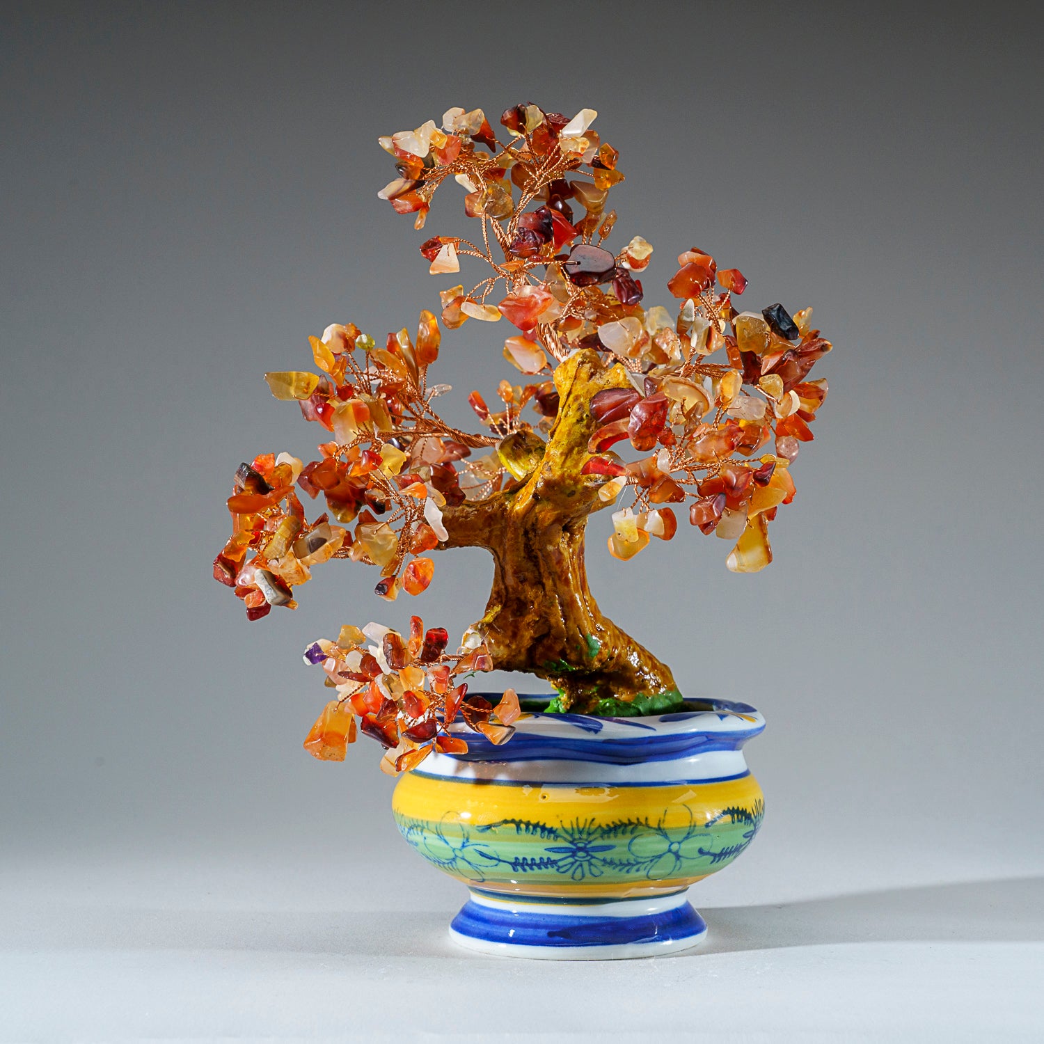 Genuine Carnelian Bonsai Tree in Round Ceramic Pot (8.5” Tall)