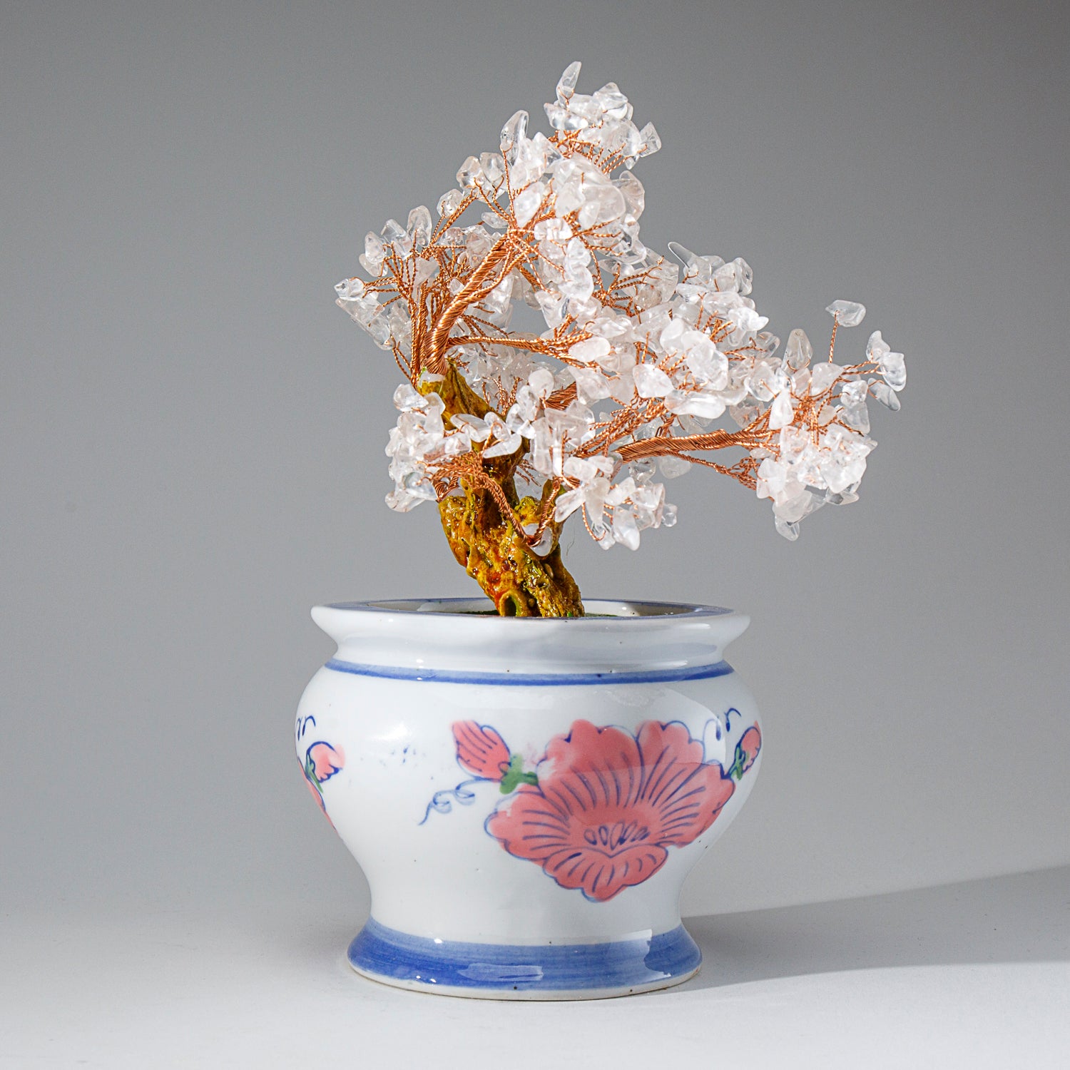 Genuine Quartz Gemstone Bonsai Tree in Round Ceramic Pot (9” Tall)