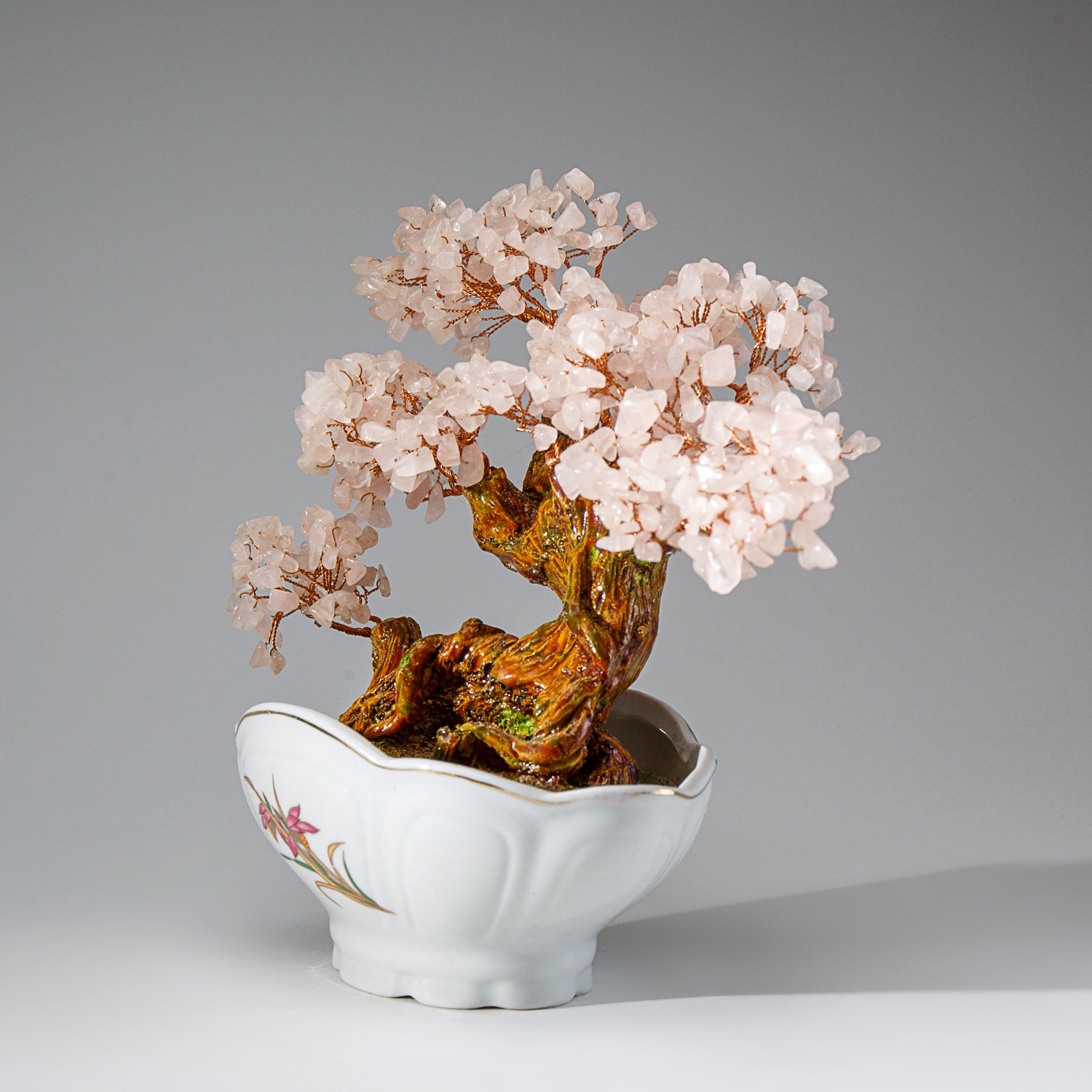 Genuine Rose Quartz Gemstone Bonsai Tree in Oval Ceramic Pot (8” Tall)