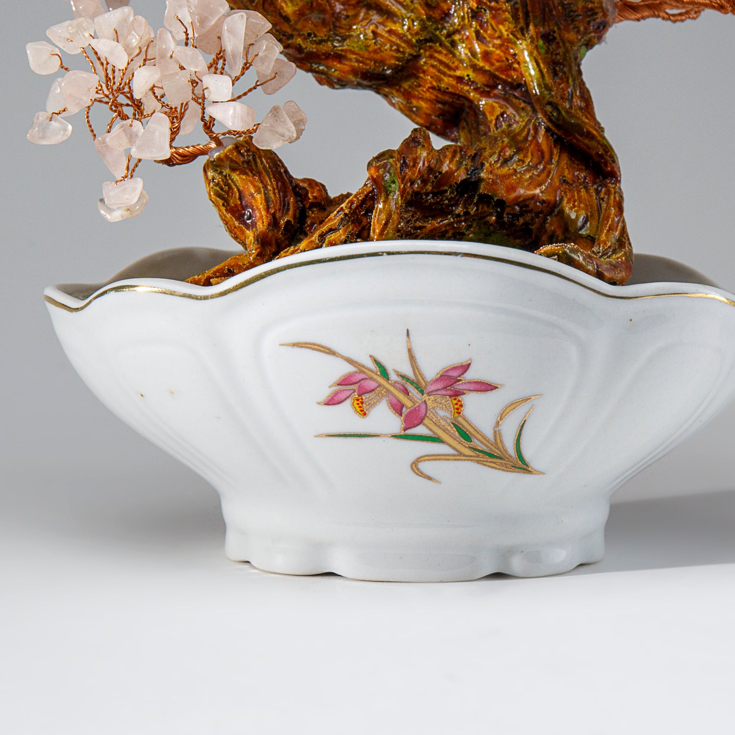 Genuine Rose Quartz Gemstone Bonsai Tree in Oval Ceramic Pot (8” Tall)