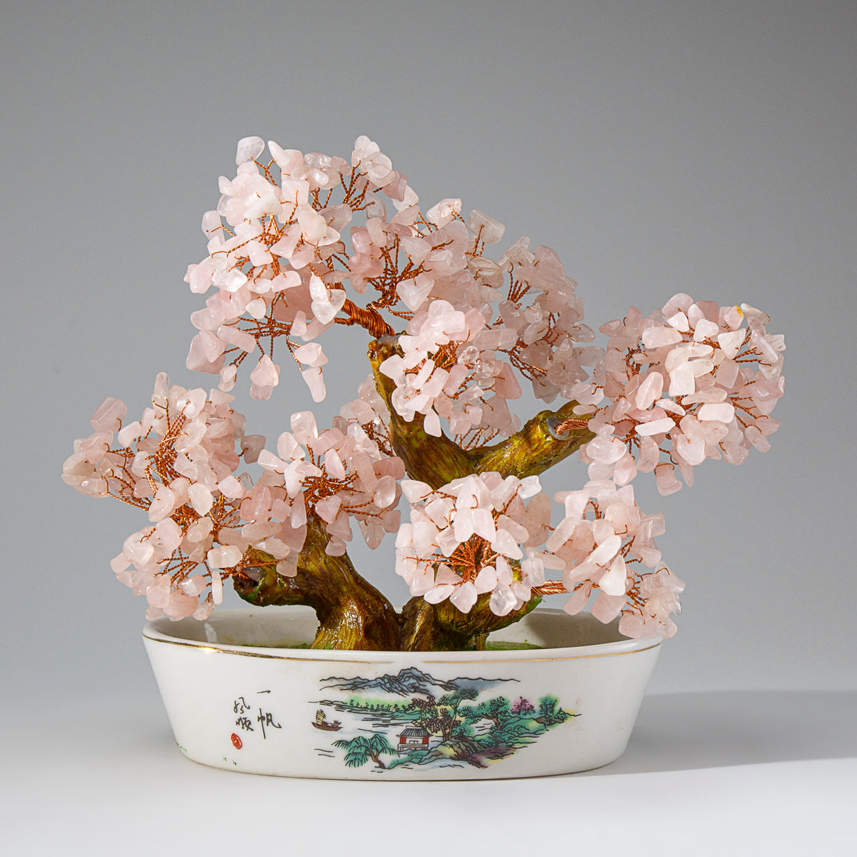 Genuine Rose Quartz Gemstone Bonsai Tree in Oval Ceramic Pot (7” Tall) —  Astro Gallery of Gems