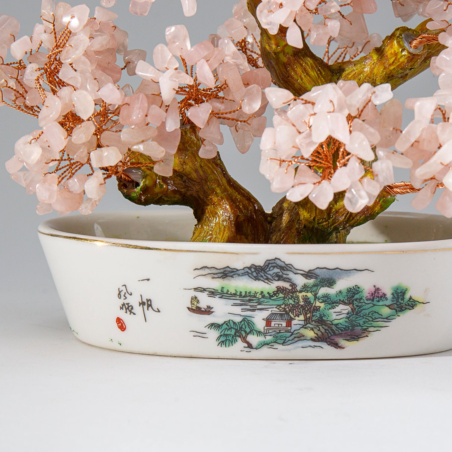 Genuine Rose Quartz Gemstone Bonsai Tree in Oval Ceramic Pot (7” Tall)