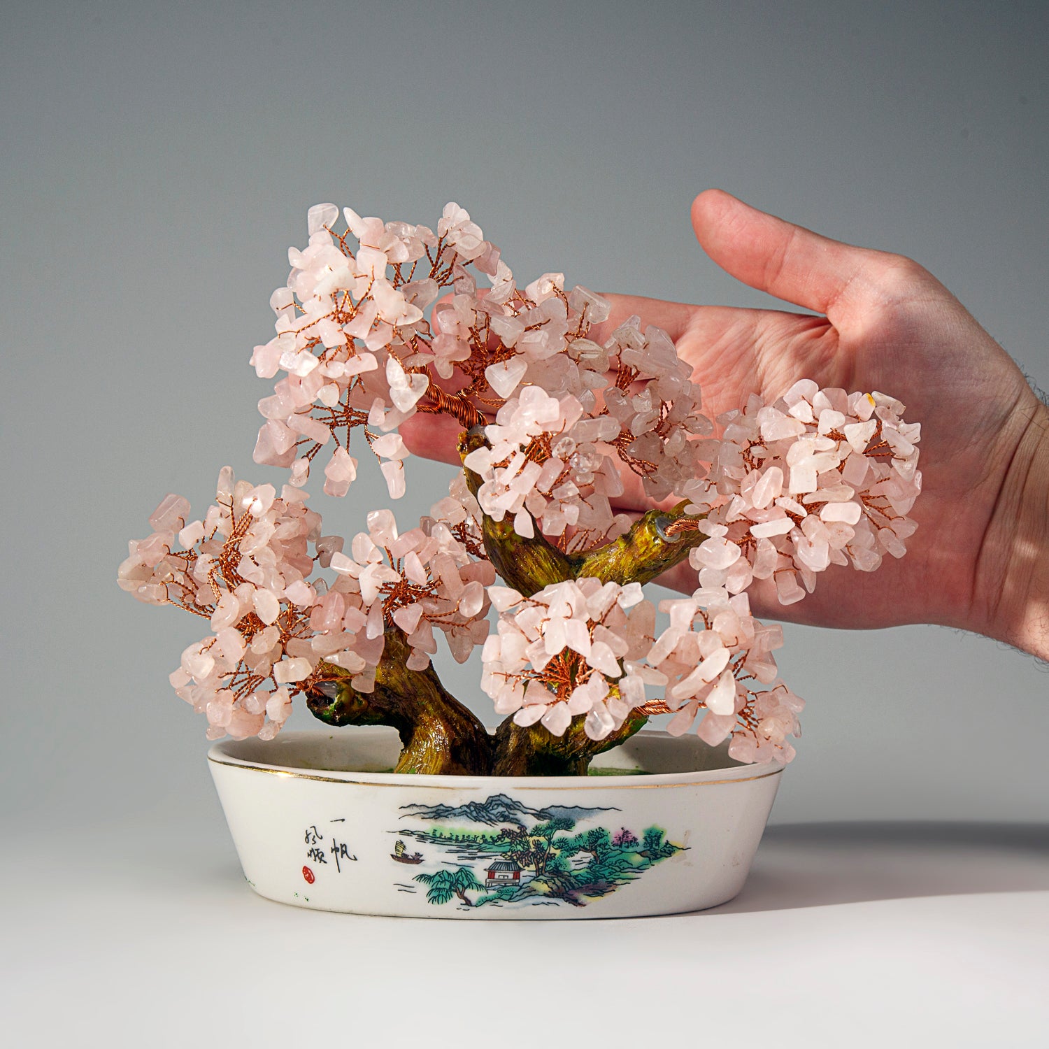 Genuine Rose Quartz Gemstone Bonsai Tree in Oval Ceramic Pot (7” Tall)