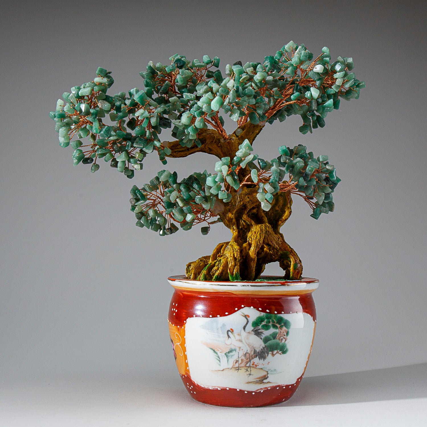 Genuine Green Aventurine Gemstone Bonsai Tree in Round Ceramic Pot (11” Tall)
