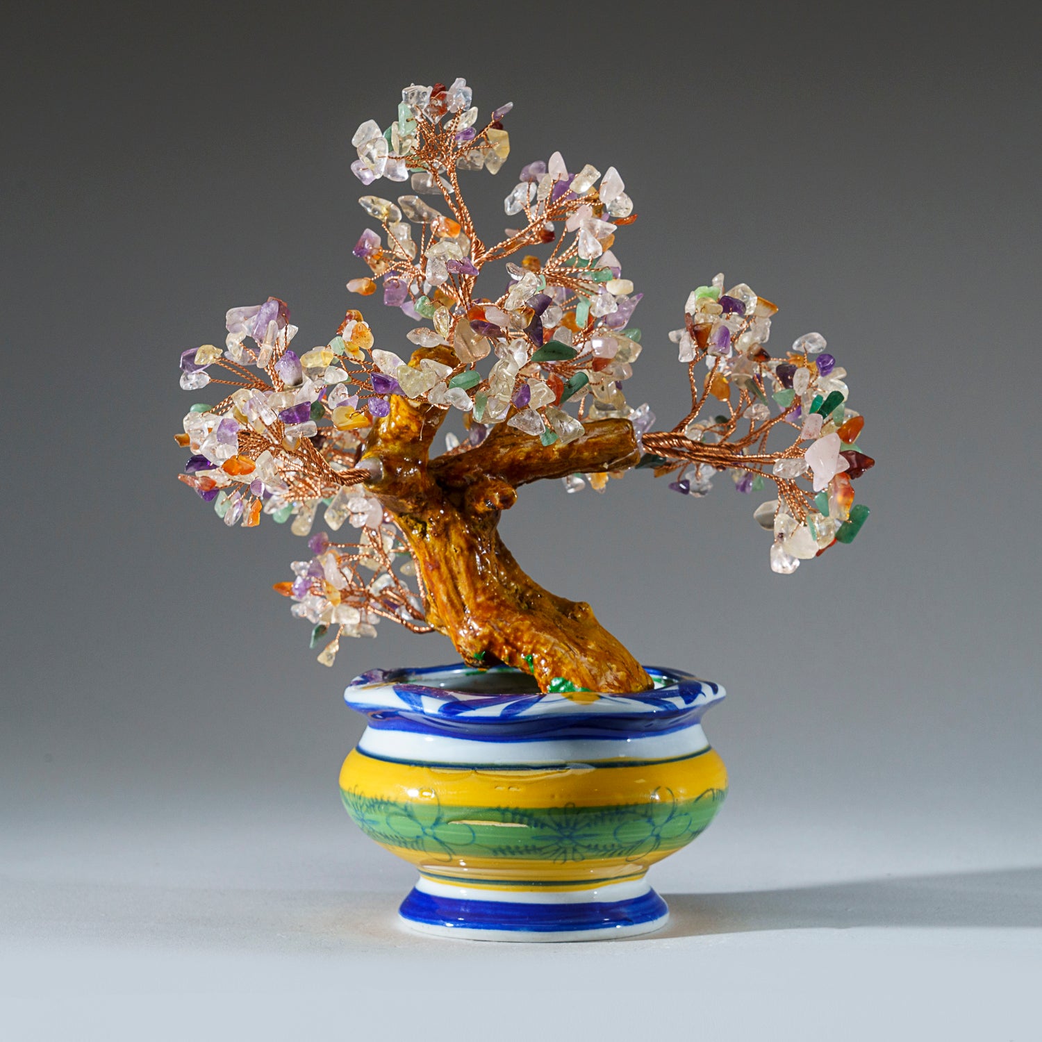 Genuine Multi Gemstone Bonsai Tree in Round Ceramic Pot (8.5” Tall)