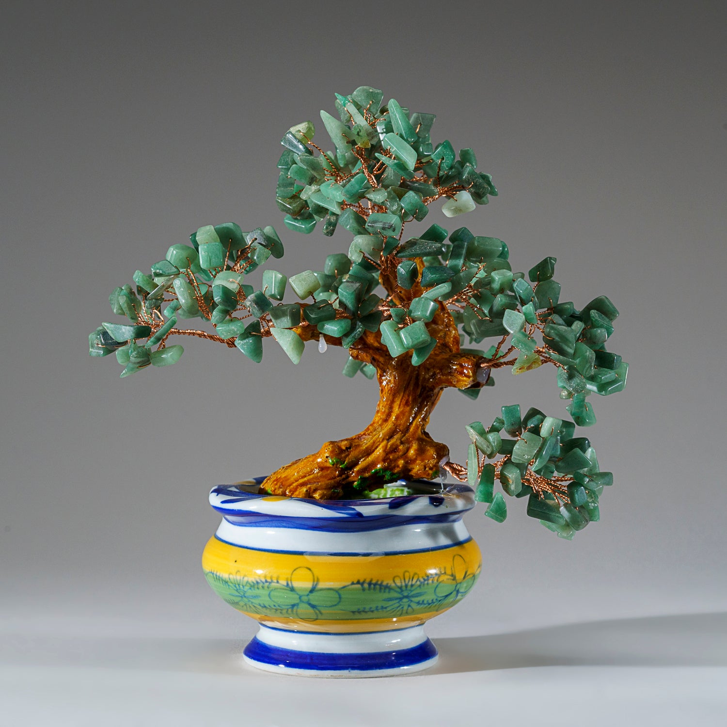 Genuine Green Aventurine Gemstone Bonsai Tree in Round Ceramic Pot (8.5” Tall)