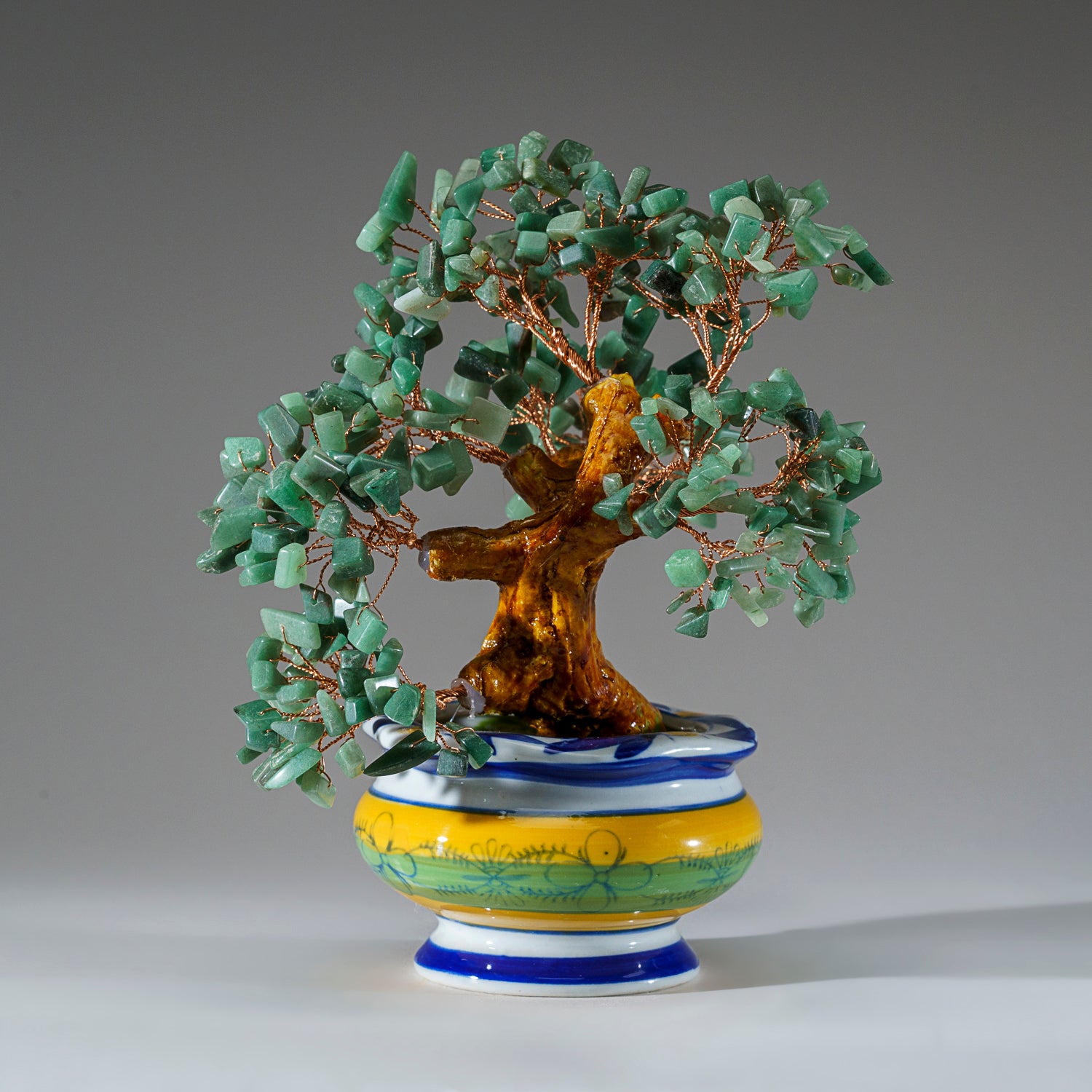Genuine Green Aventurine Gemstone Bonsai Tree in Round Ceramic Pot (8.5” Tall)