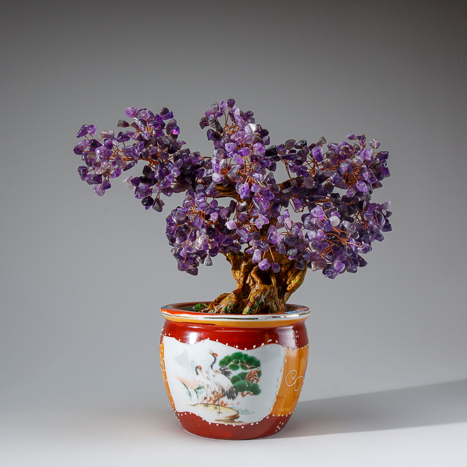 Genuine Amethyst Gemstone Bonsai Tree in Round Ceramic Pot (10” Tall)