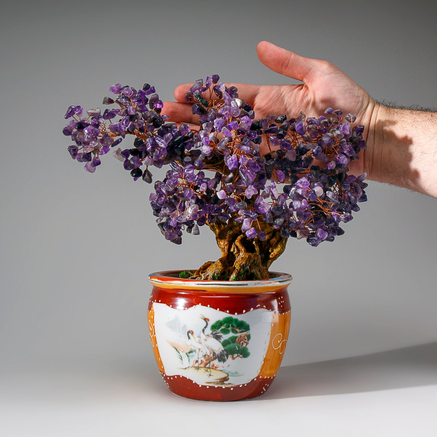 Genuine Amethyst Gemstone Bonsai Tree in Round Ceramic Pot (10” Tall)
