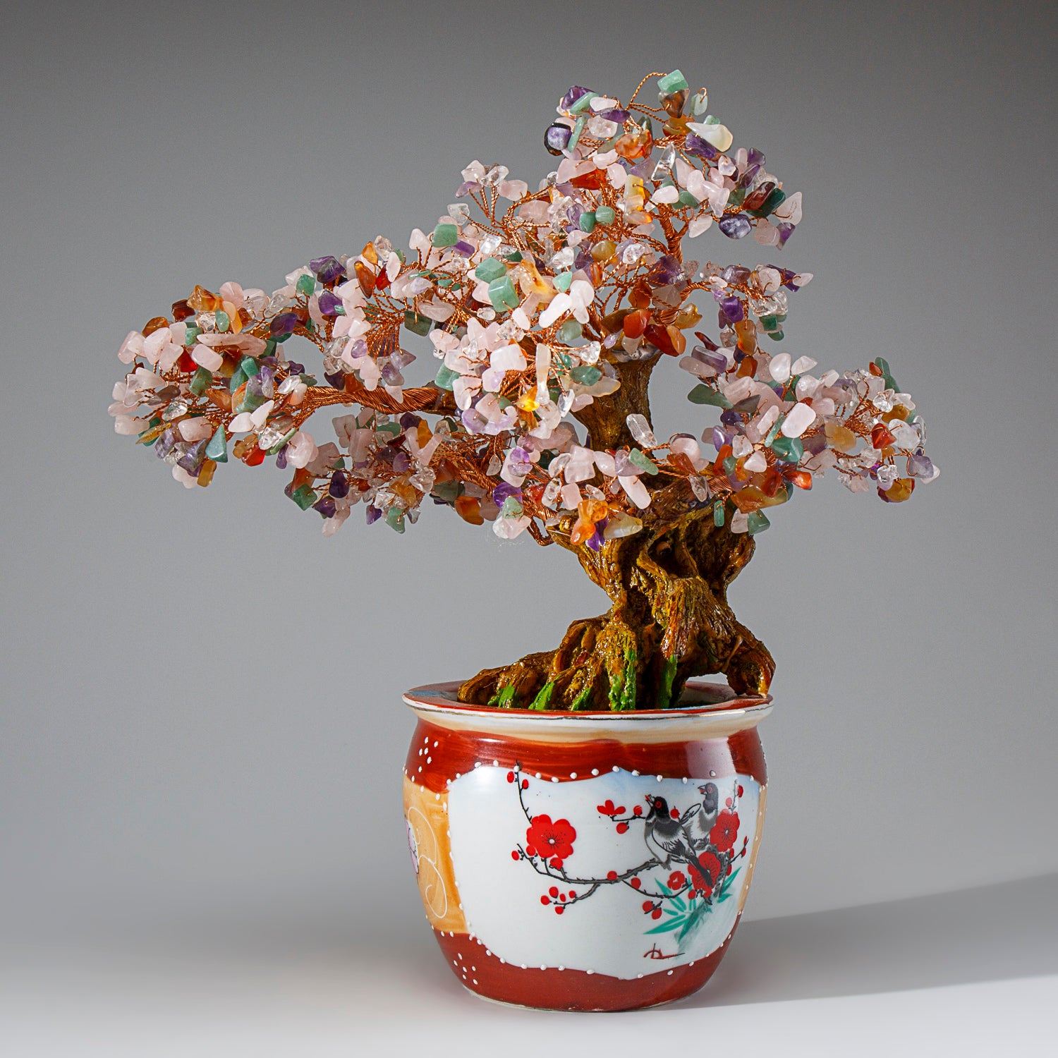 Genuine Multi Gemstone Bonsai Tree in Round Ceramic Pot (11” Tall)