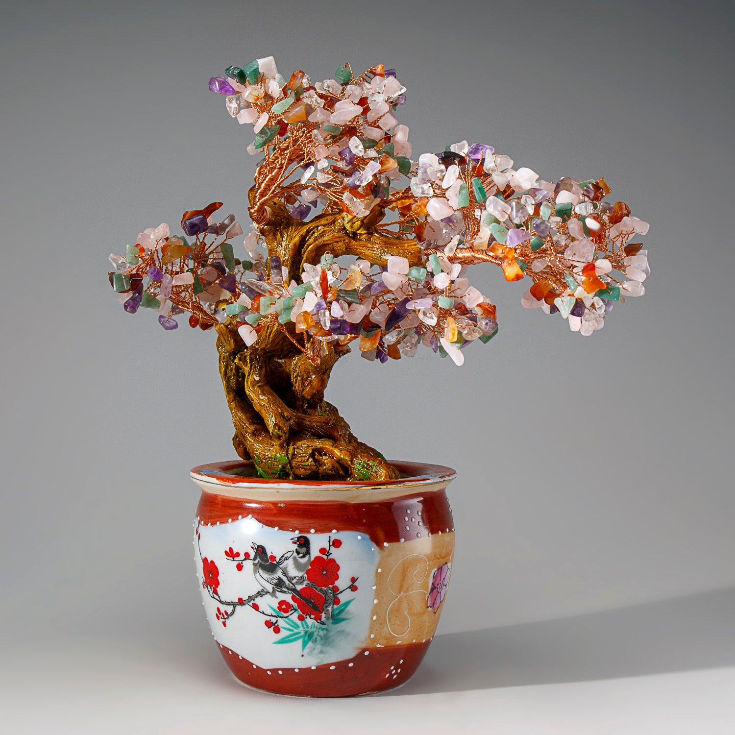 Genuine Multi Gemstone Bonsai Tree in Round Ceramic Pot (11” Tall)