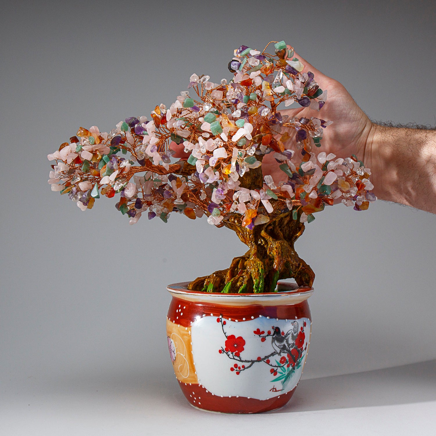 Genuine Multi Gemstone Bonsai Tree in Round Ceramic Pot (11” Tall)