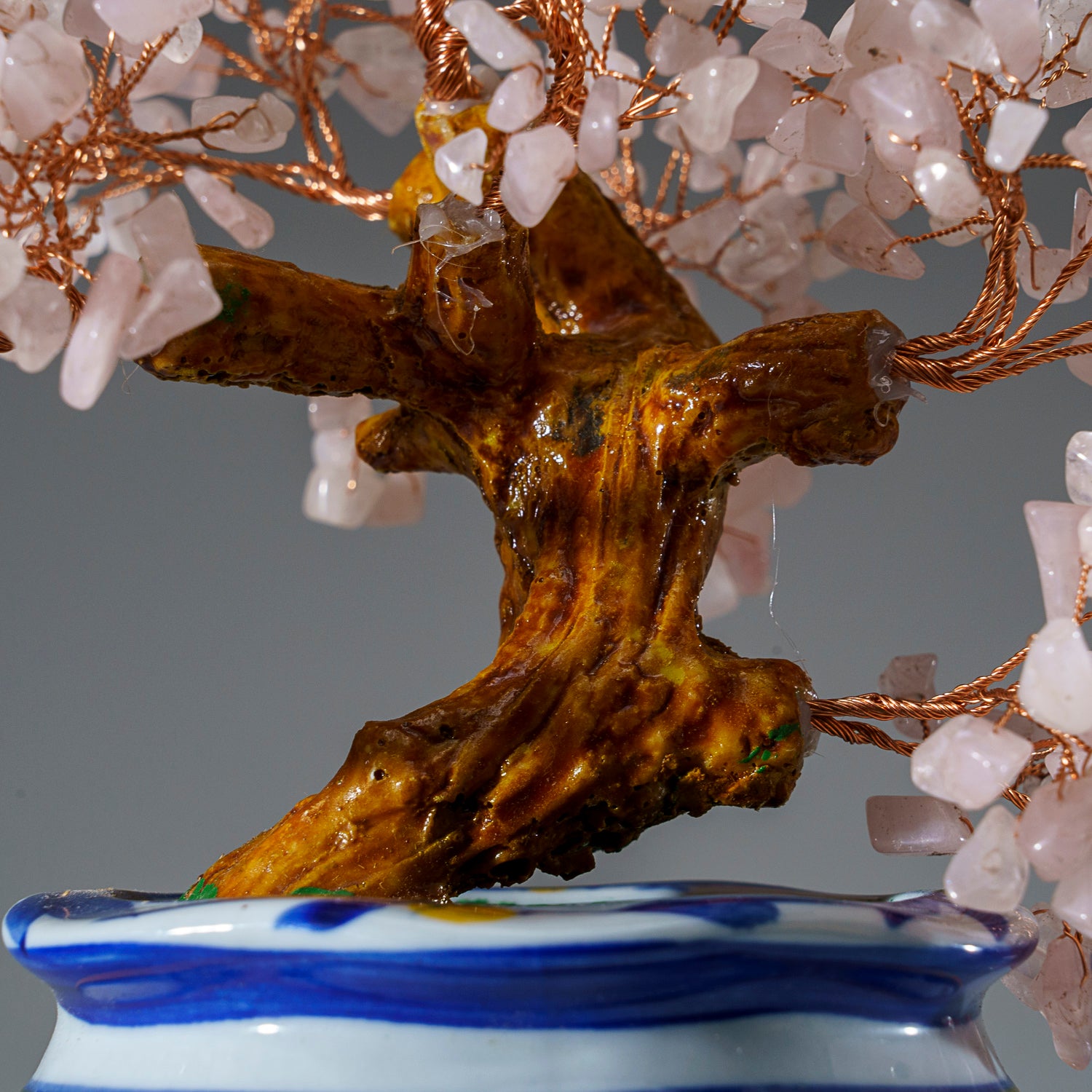 Genuine Rose Quartz Bonsai Tree in Round Ceramic Pot (8.5” Tall)