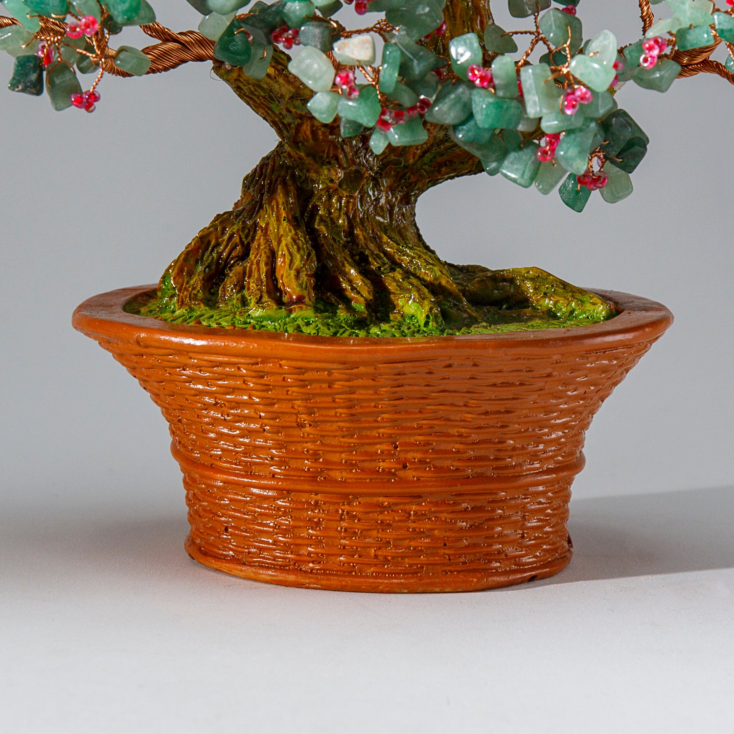 Genuine Green Aventurine with Rose Quartz Beads Bonsai Tree in Round Basket Ceramic Pot (9” Tall)