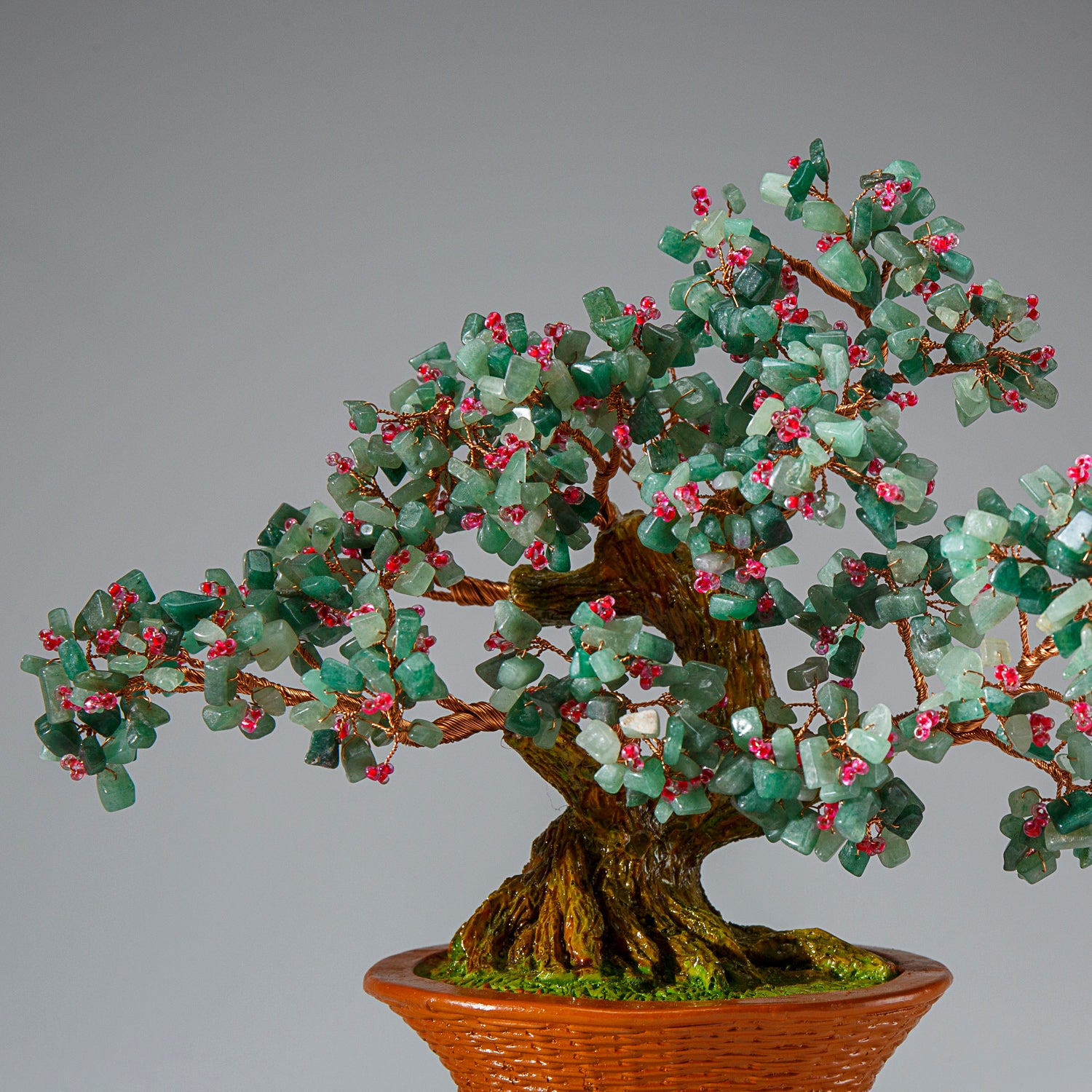 Genuine Green Aventurine with Rose Quartz Beads Bonsai Tree in Round Basket Ceramic Pot (9” Tall)