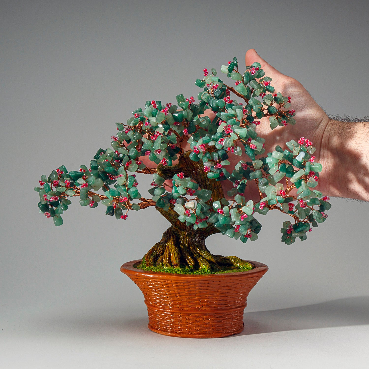 Genuine Green Aventurine with Rose Quartz Beads Bonsai Tree in Round Basket Ceramic Pot (9” Tall)