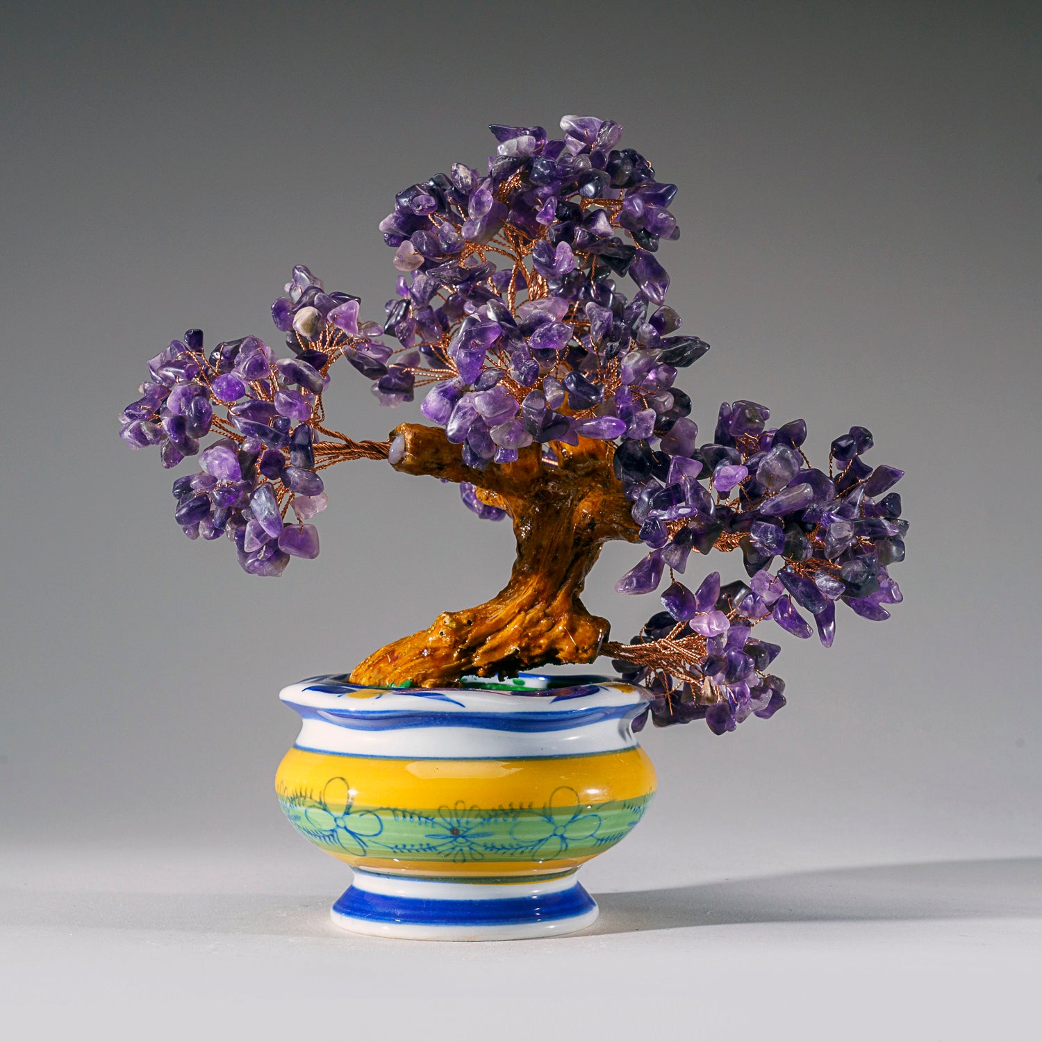 Genuine Amethyst Gemstone Bonsai Tree in Round Ceramic Pot (8.5” Tall)