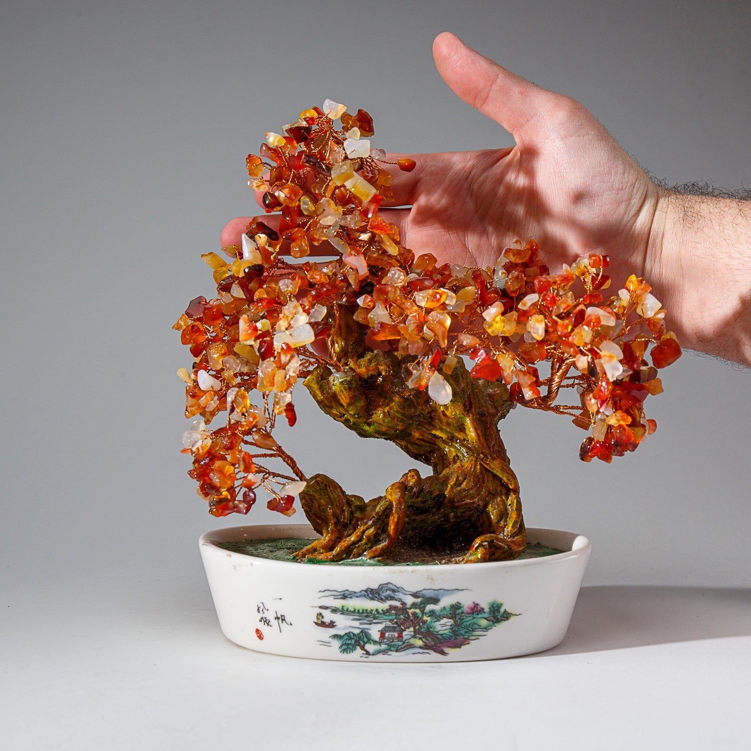 Genuine Carnelian Gemstone Bonsai Tree in Oval Ceramic Pot (9” Tall)
