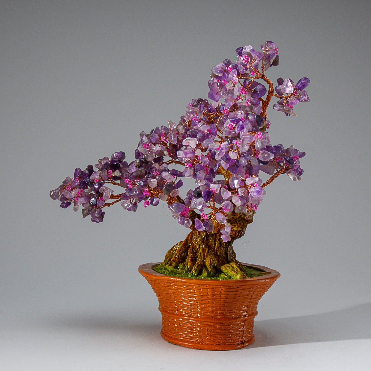 Genuine Amethyst with Rose Quartz Beads Bonsai Tree in Round Basket Ceramic Pot (9” Tall)