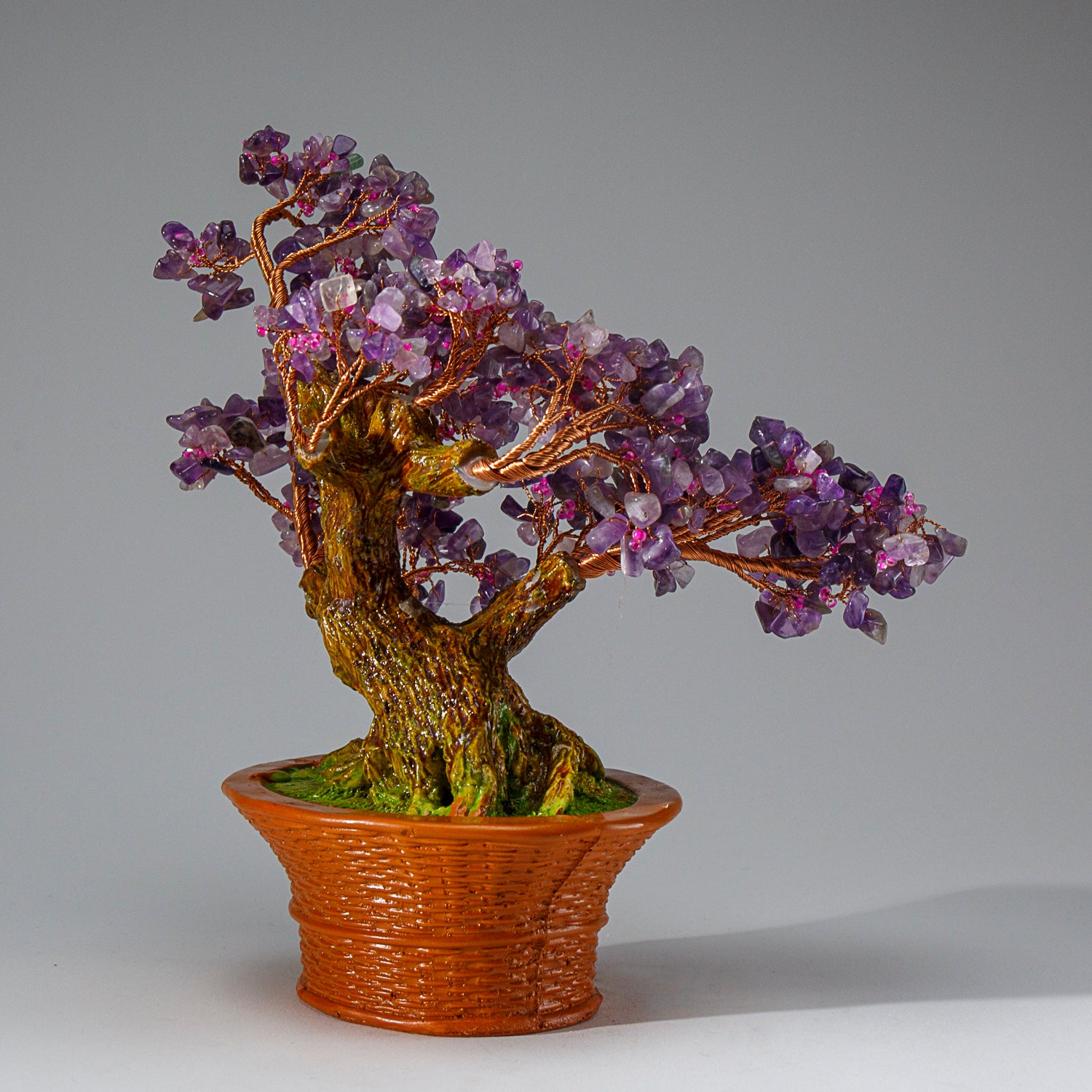 Genuine Amethyst with Rose Quartz Beads Bonsai Tree in Round Basket Ceramic Pot (9” Tall)
