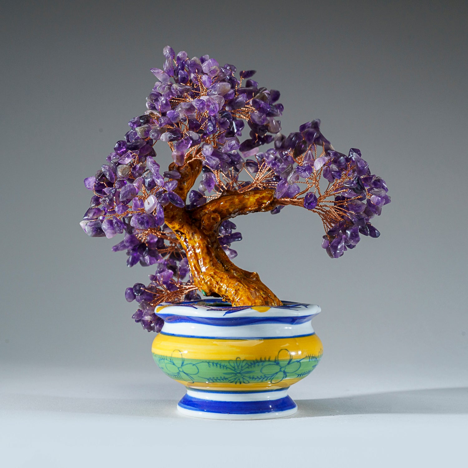 Genuine Amethyst Gemstone Bonsai Tree in Round Ceramic Pot (8.5” Tall)