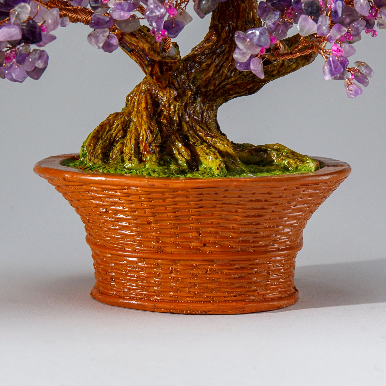 Genuine Amethyst with Rose Quartz Beads Bonsai Tree in Round Basket Ceramic Pot (9” Tall)