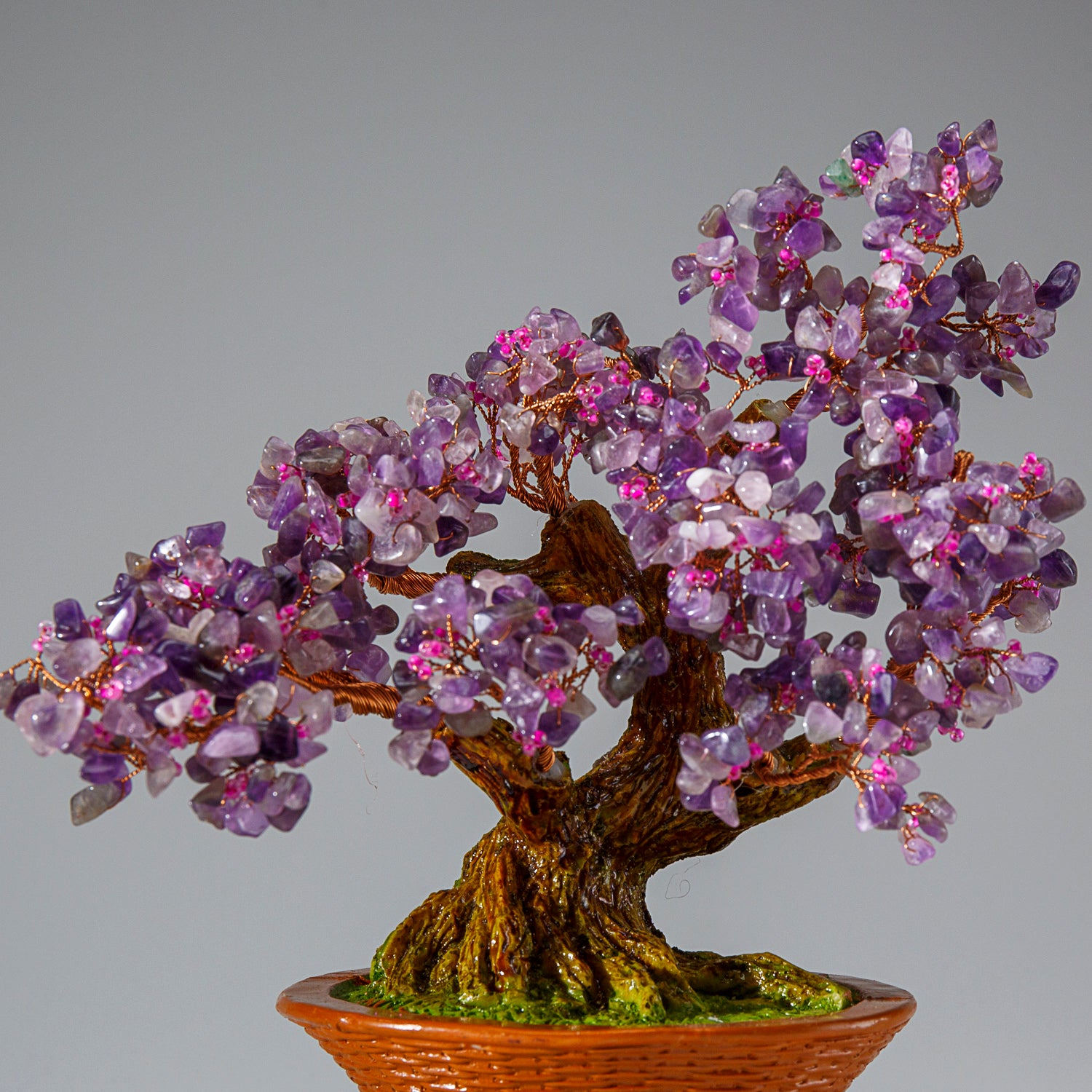 Genuine Amethyst with Rose Quartz Beads Bonsai Tree in Round Basket Ceramic Pot (9” Tall)