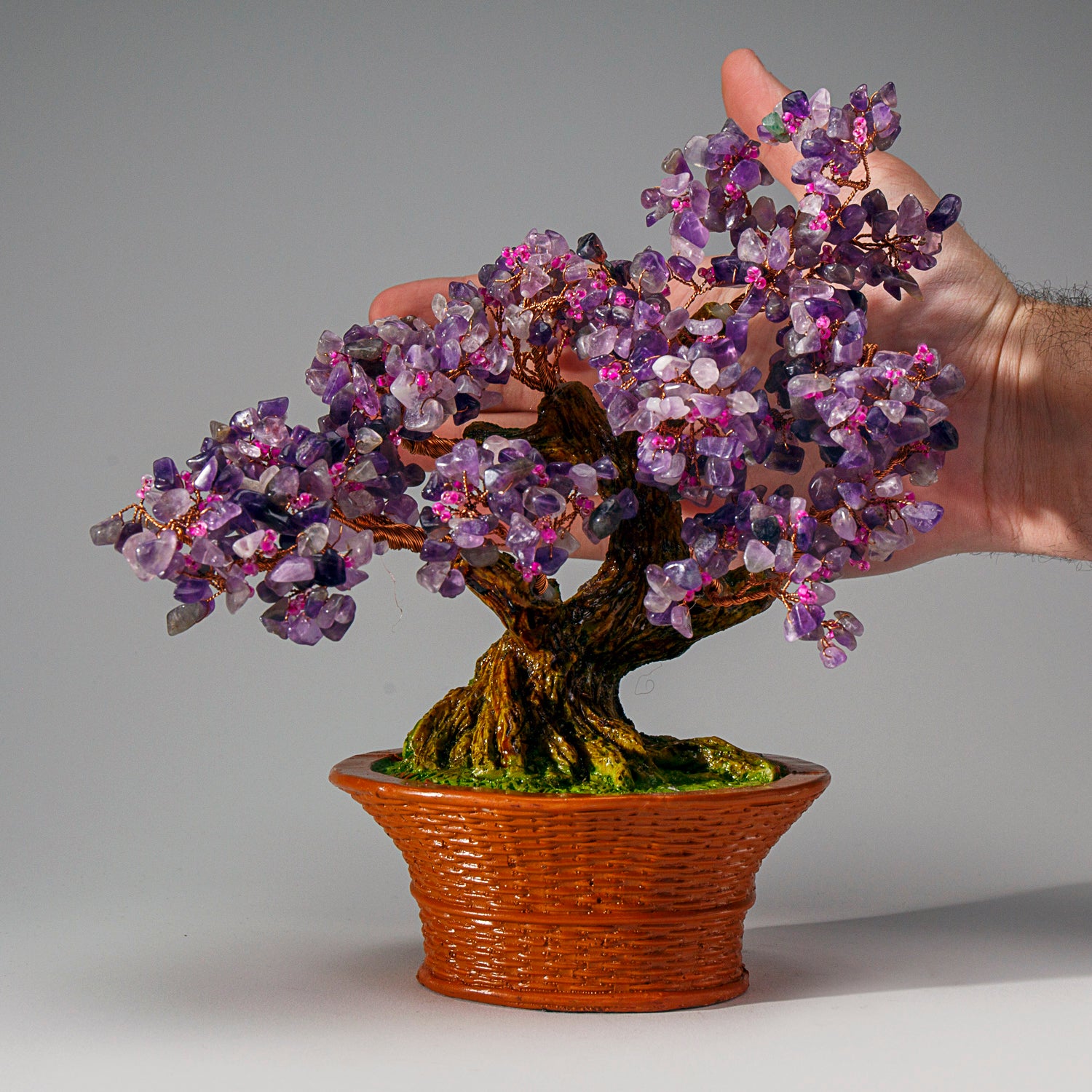 Genuine Amethyst with Rose Quartz Beads Bonsai Tree in Round Basket Ceramic Pot (9” Tall)