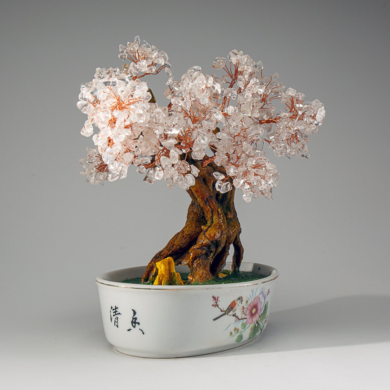 Genuine Quartz Gemstone Bonsai Tree in Oval Ceramic Pot (10” Tall)
