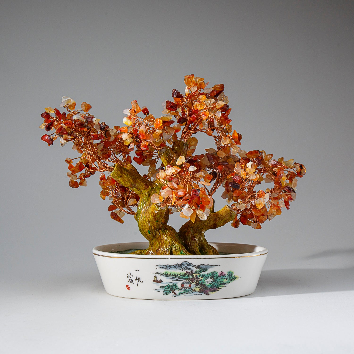 Genuine Carnelian Gemstone Bonsai Tree in Oval Ceramic Pot (8” Tall)