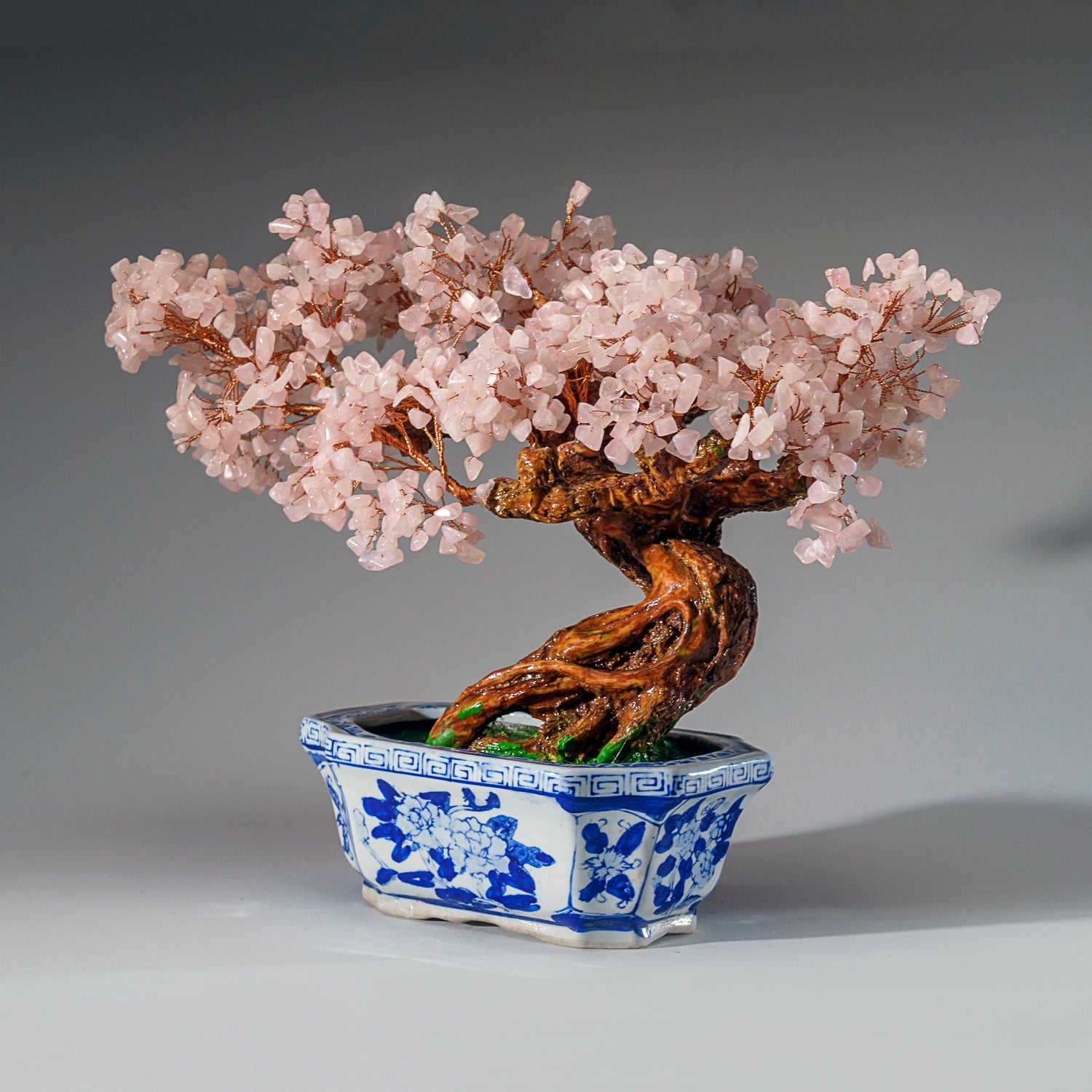 Genuine Rose Quartz Bonsai Tree in Square Ceramic Pot (11” Tall)