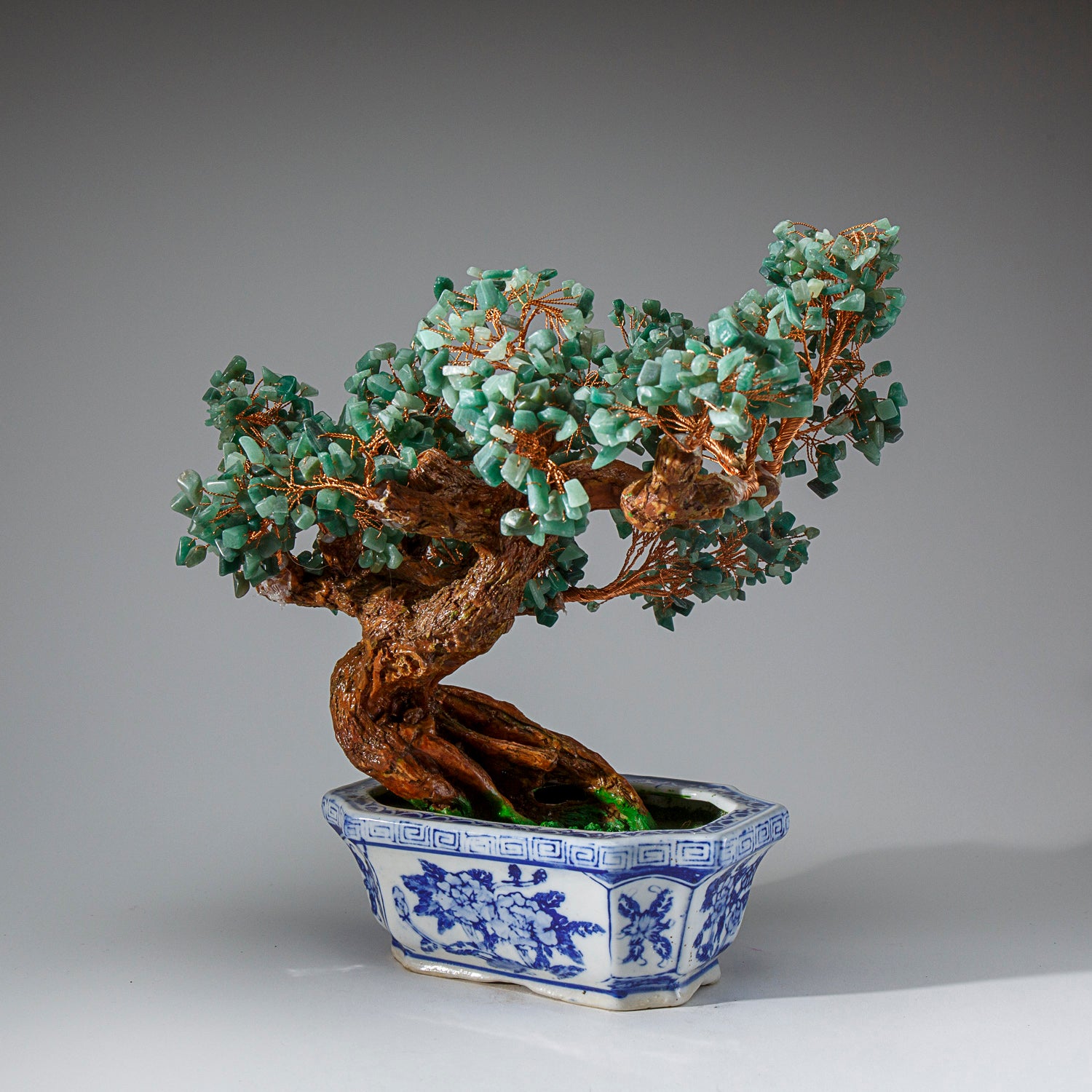 Genuine Green Aventurine Gemstone Bonsai Tree in Square Ceramic Pot (10.5” Tall)