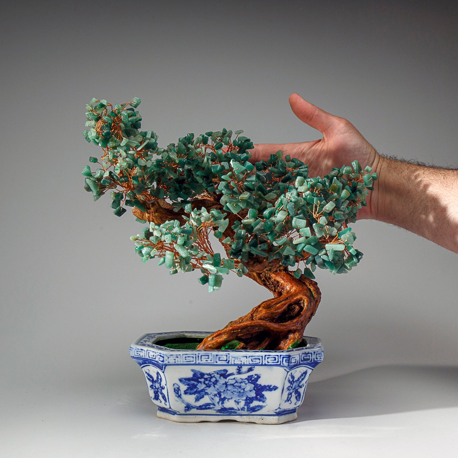 Genuine Green Aventurine Gemstone Bonsai Tree in Square Ceramic Pot (10.5” Tall)