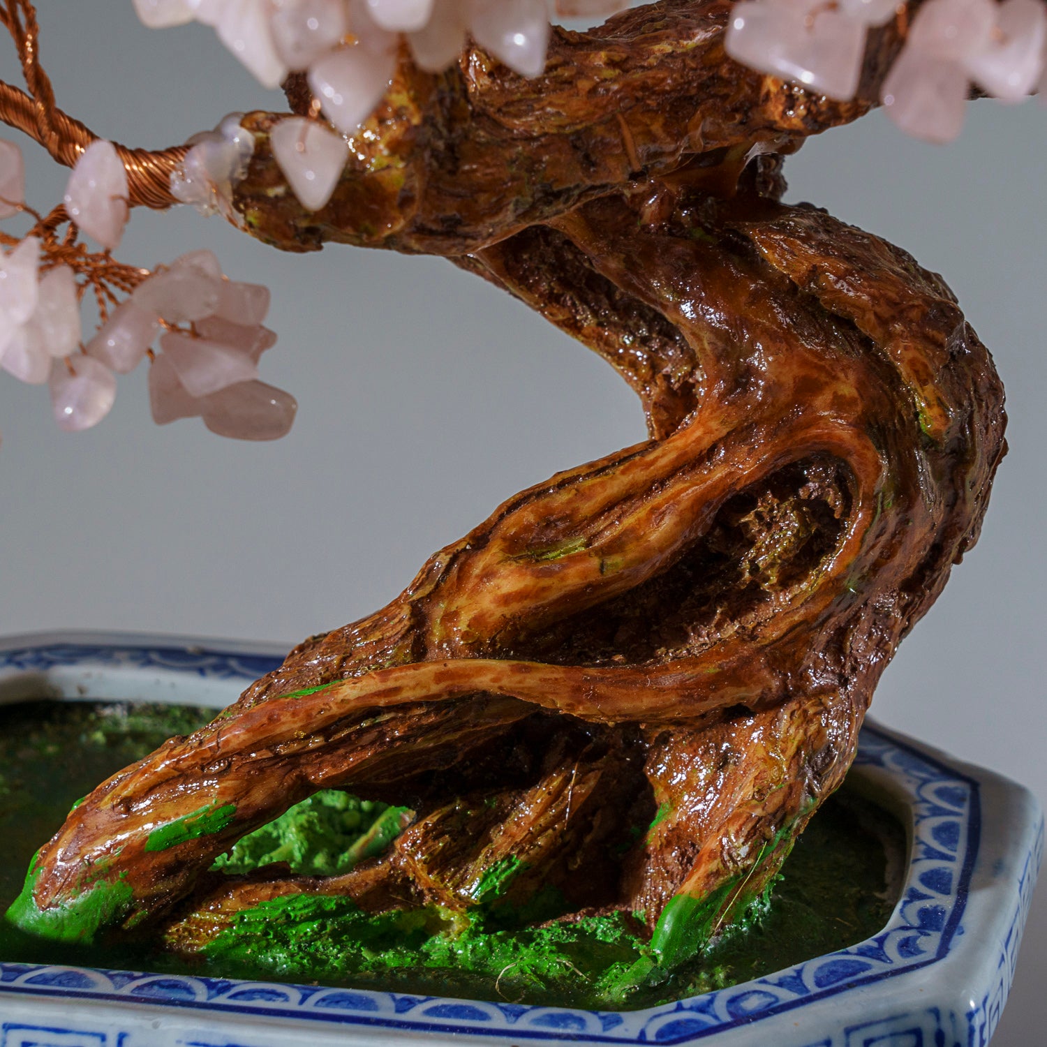 Genuine Rose Quartz Bonsai Tree in Square Ceramic Pot (11” Tall)