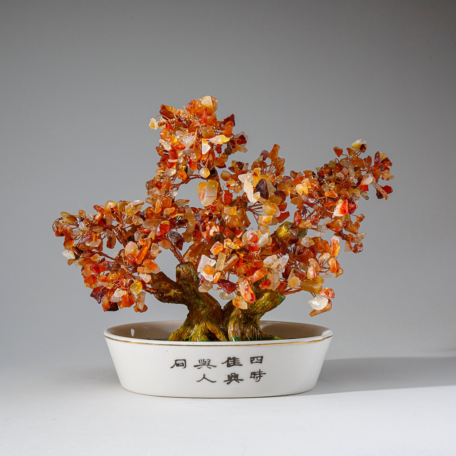 Genuine Carnelian Gemstone Bonsai Tree in Oval Ceramic Pot (8” Tall)