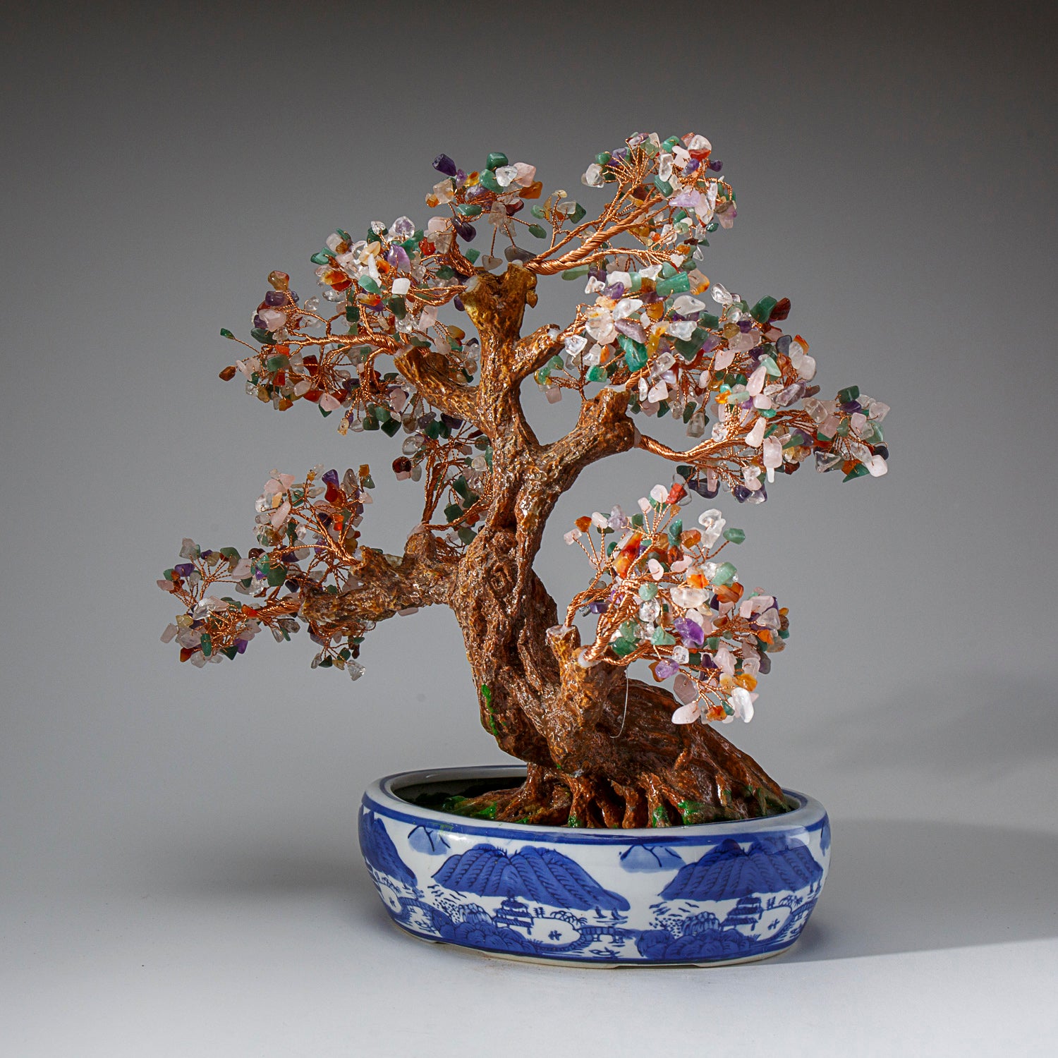 Genuine Multi Gemstone Bonsai Tree in Oval Ceramic Pot (14” Tall)