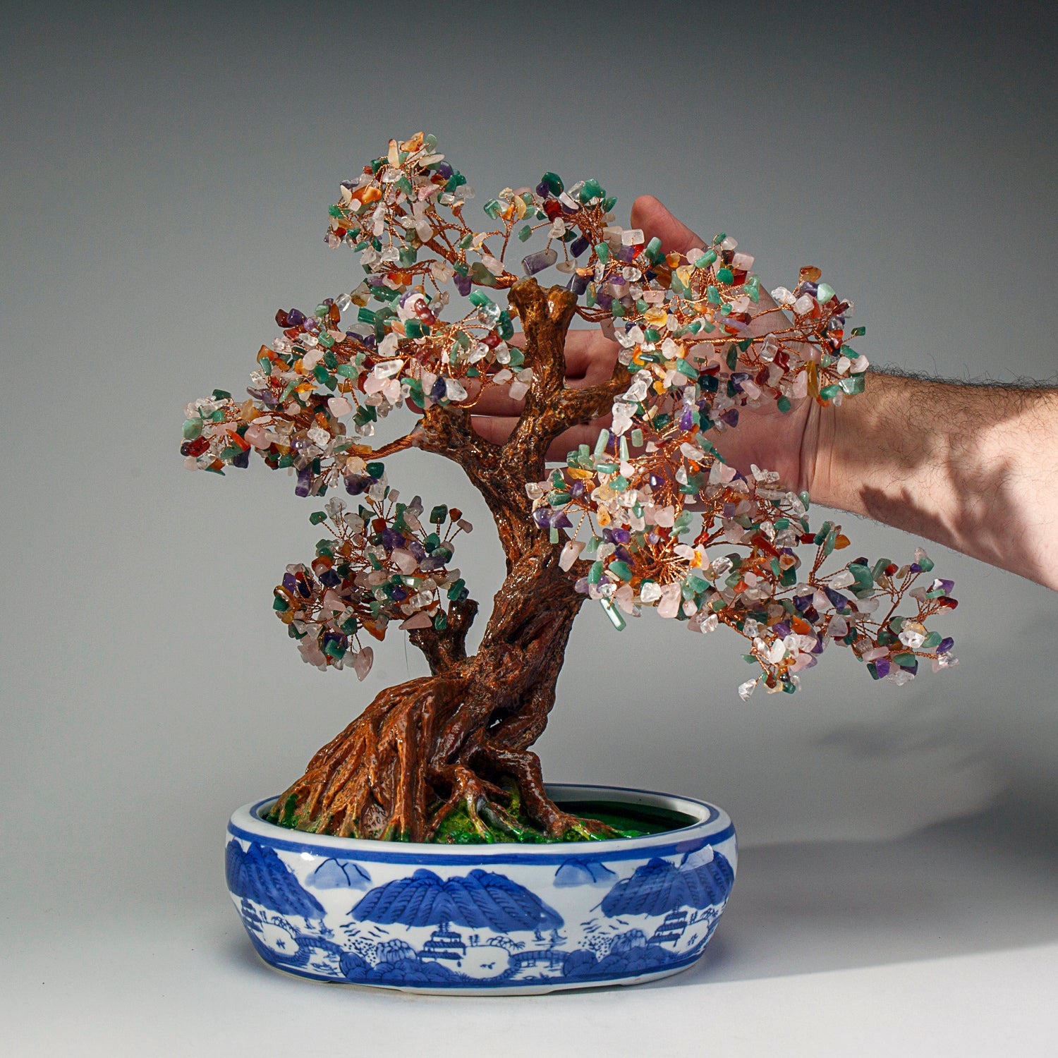 Genuine Multi Gemstone Bonsai Tree in Oval Ceramic Pot (14” Tall)