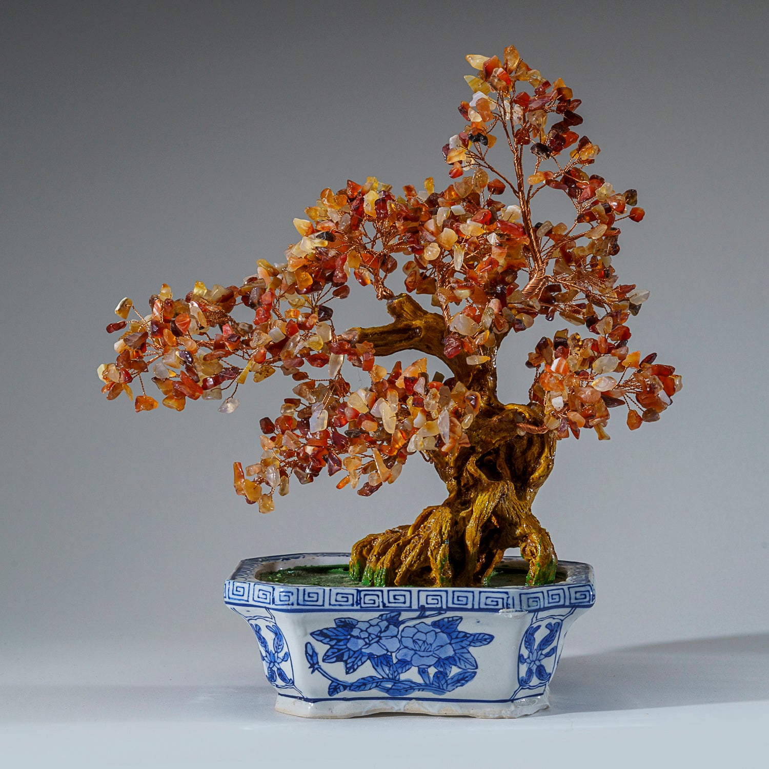 Genuine Carnelian Bonsai Gemstone Tree in Square Ceramic Pot (12” Tall)