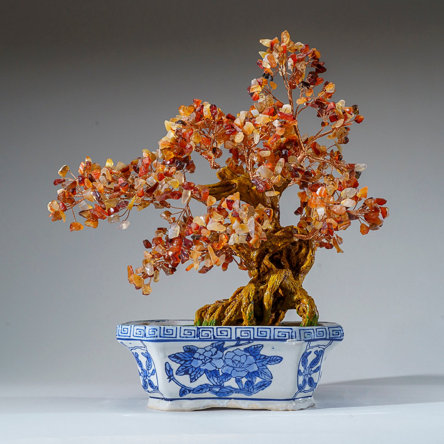 Genuine Carnelian Bonsai Gemstone Tree in Square Ceramic Pot (12” Tall)