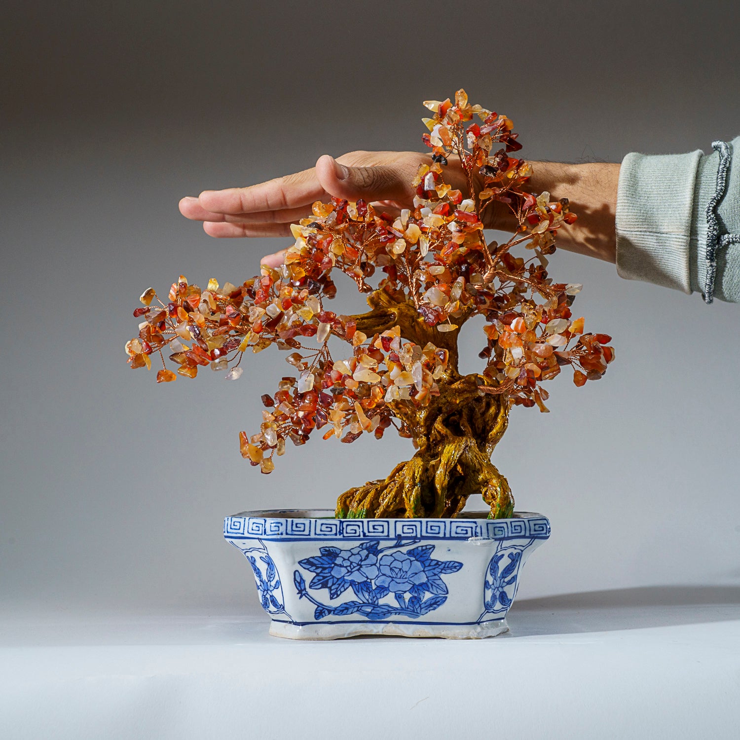 Genuine Carnelian Bonsai Gemstone Tree in Square Ceramic Pot (12” Tall)