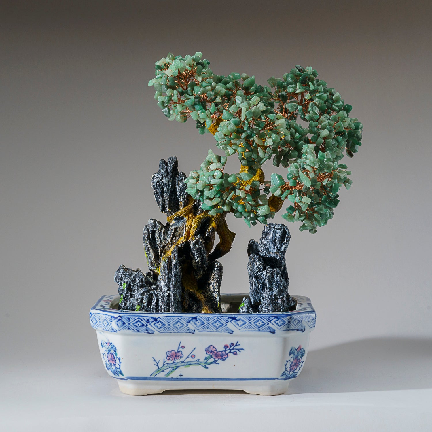 Genuine Green Aventurine Bonsai Tree in Square Ceramic Pot (13” Tall)