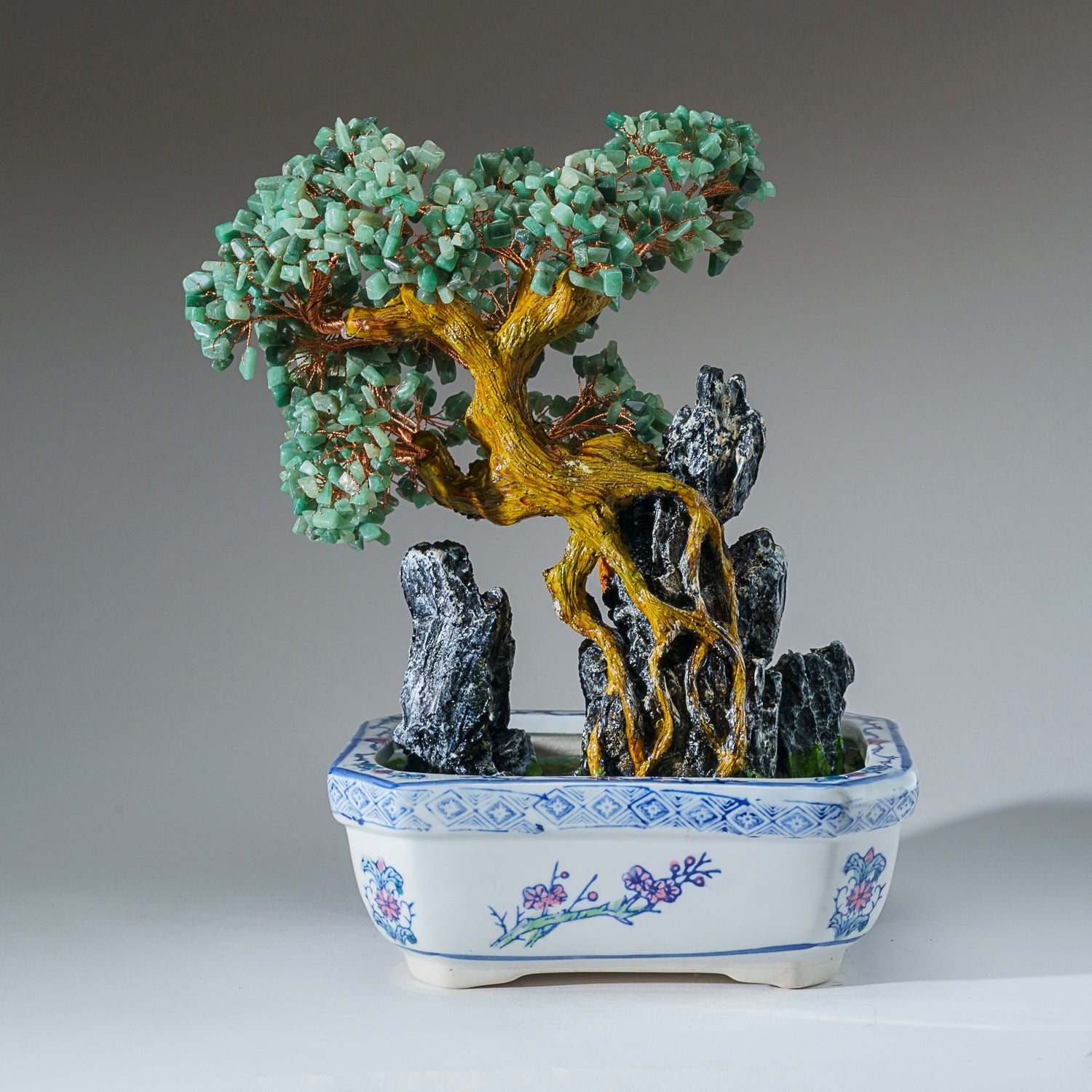 Genuine Green Aventurine Bonsai Tree in Square Ceramic Pot (13” Tall)