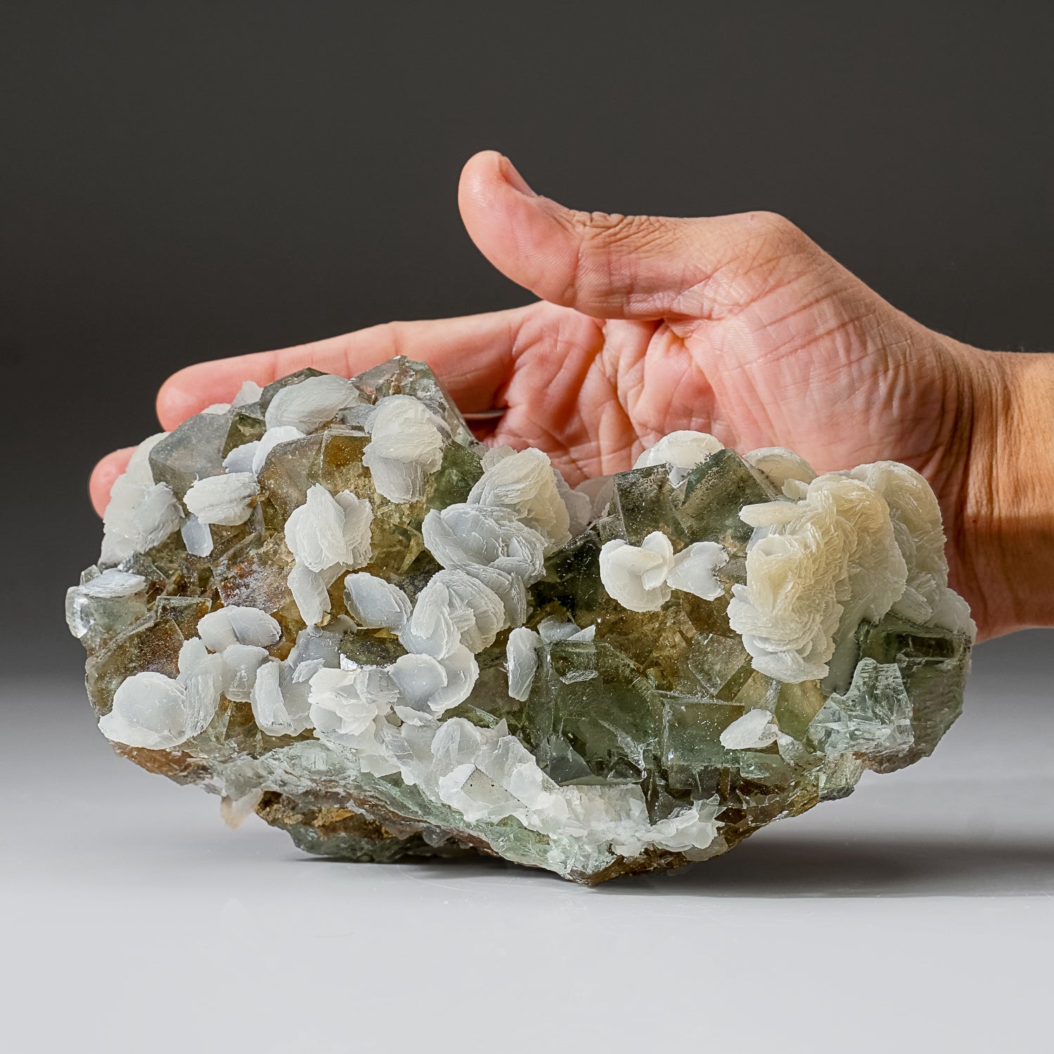 Calcite on Green Fluorite from Xianghualing-Xianghuapu Mines, Hunan, China